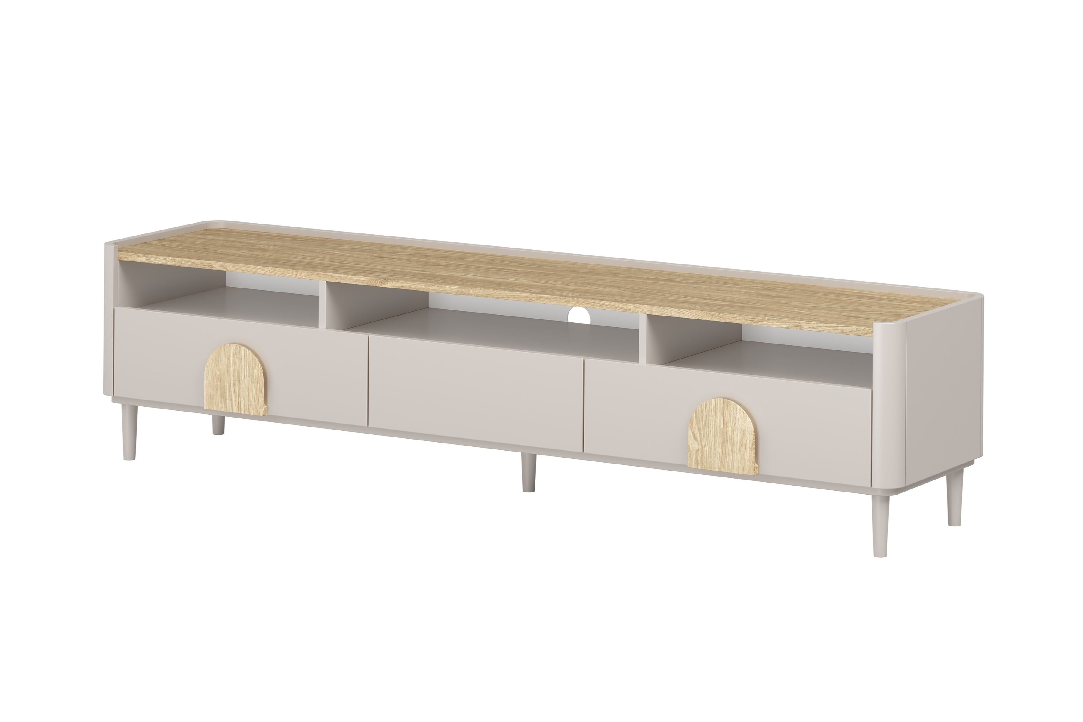 TV stolík Amilio 200 cm s 2 zásuvkami - kašmírová / dub olejovaný / dub svetlý TV skrinka Amilio 200 cm so zásuvkami na nôžkach - kašmír / Dub olejowany / úchyty Svetlý dub