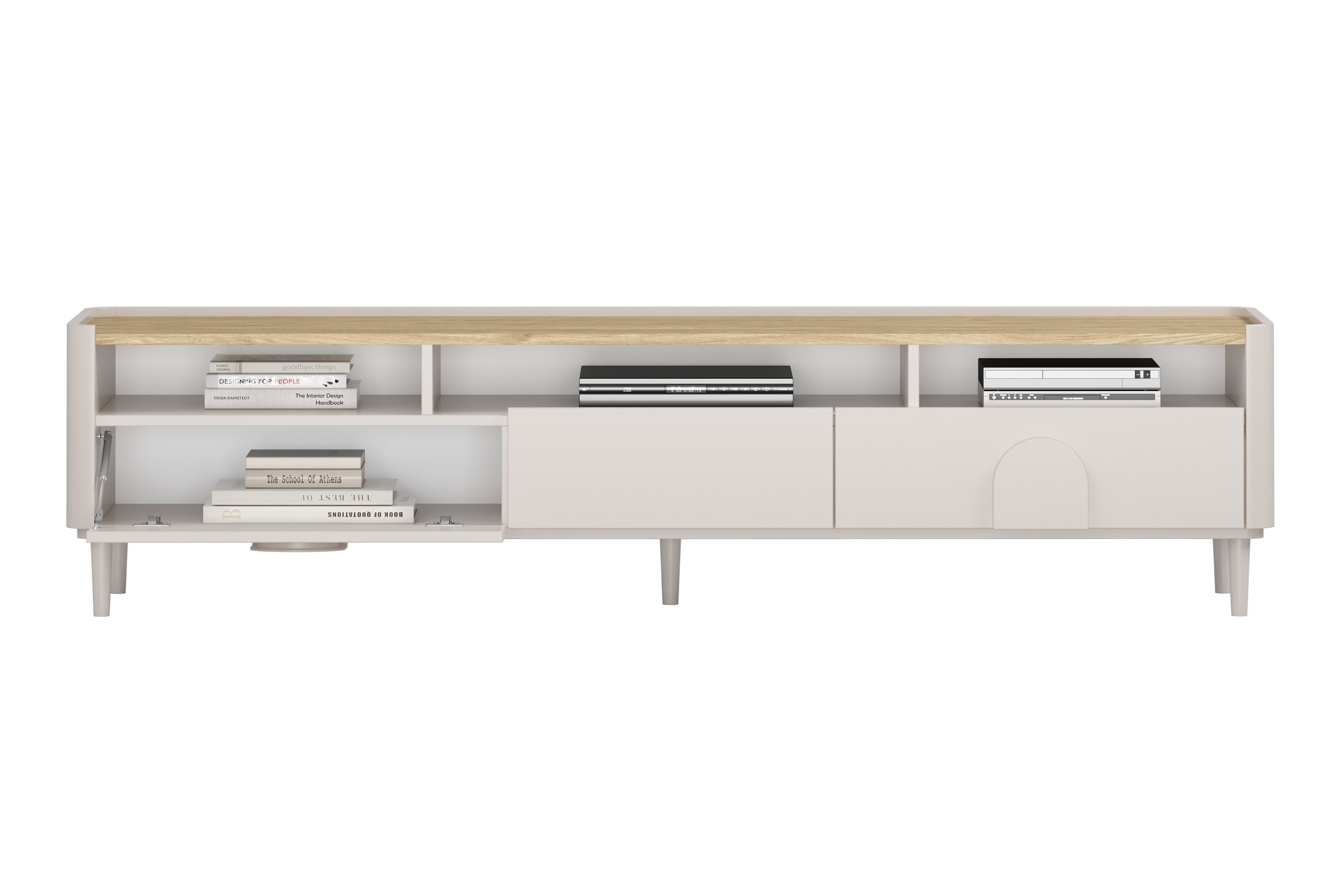 TV stolík Amilio 200 cm s 2 zásuvkami - kašmírová / dub olejovaný TV skrinka Amilio 200 cm so zásuvkami na nôžkach - kašmír / Dub olejowany / úchyty kašmír