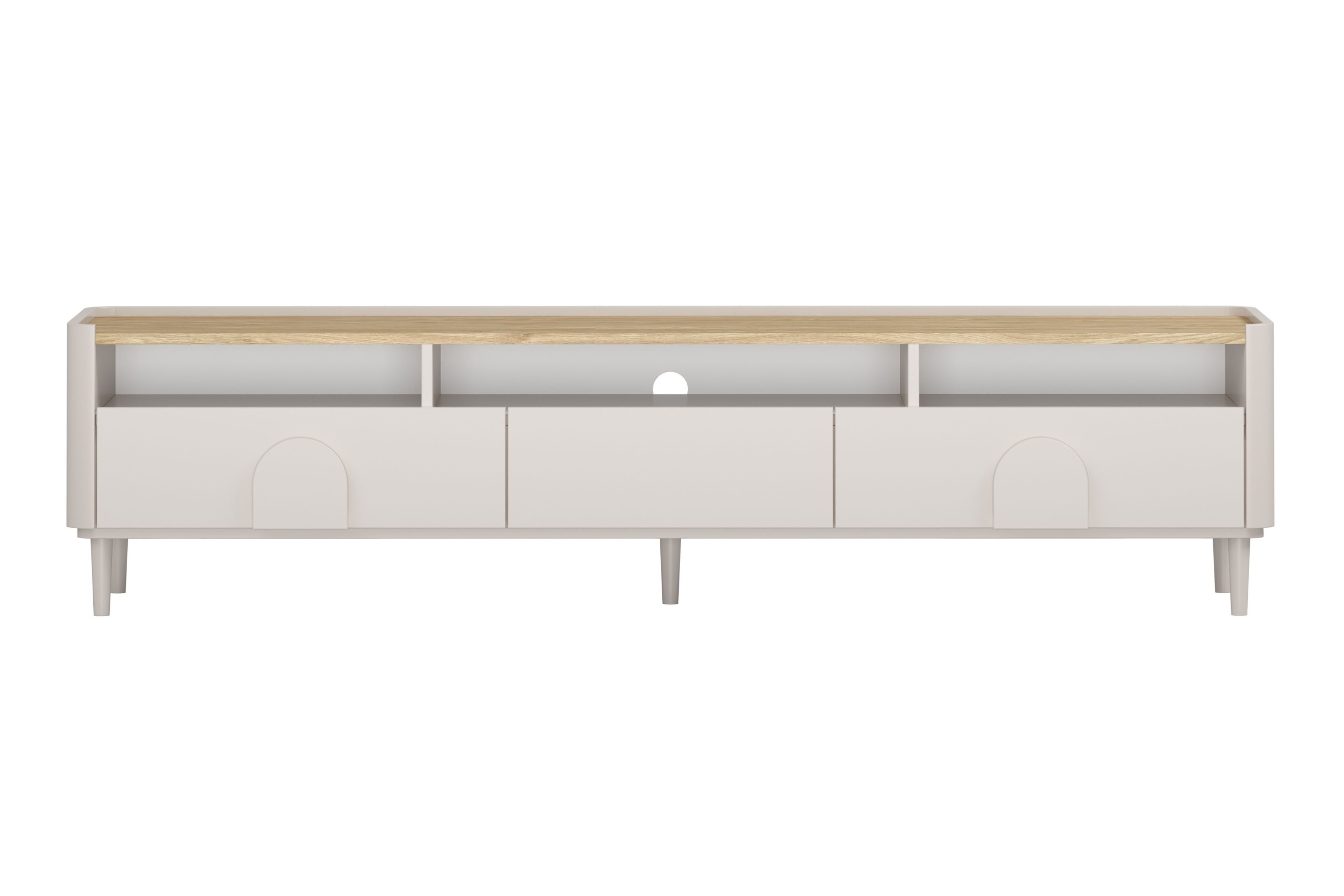 TV stolík Amilio 200 cm s 2 zásuvkami - kašmírová / dub olejovaný TV skrinka Amilio 200 cm so zásuvkami na nôžkach - kašmír / Dub olejowany / úchyty kašmír