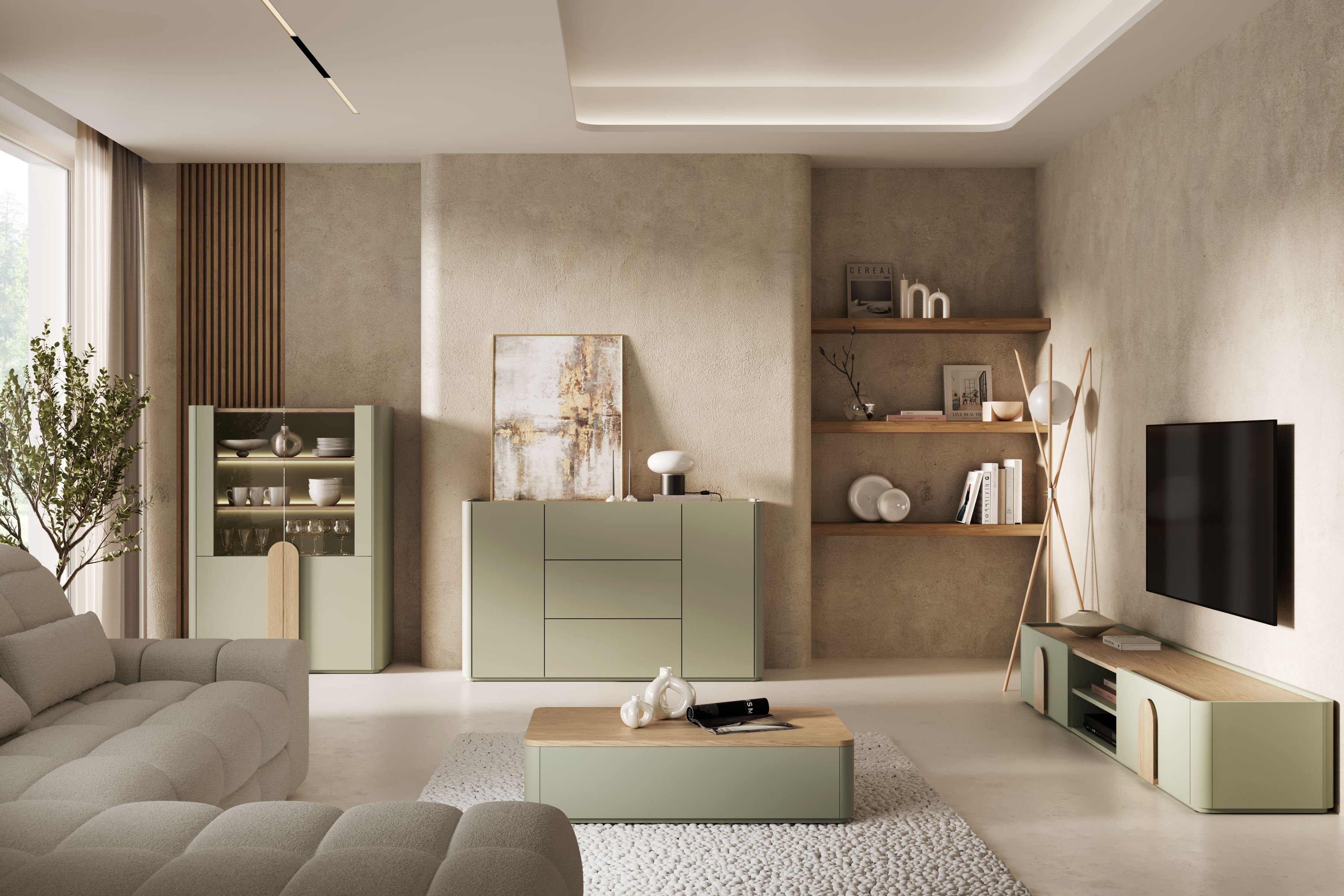 TV stolík Amilio 220 cm so zásuvkou - eukalyptus / dub baltic dune / úchytky dub prírodný TV skrinka Amilio 220 cm z szuflada - eukaliptus / Dub baltic dune / úchyty Dub prírodné