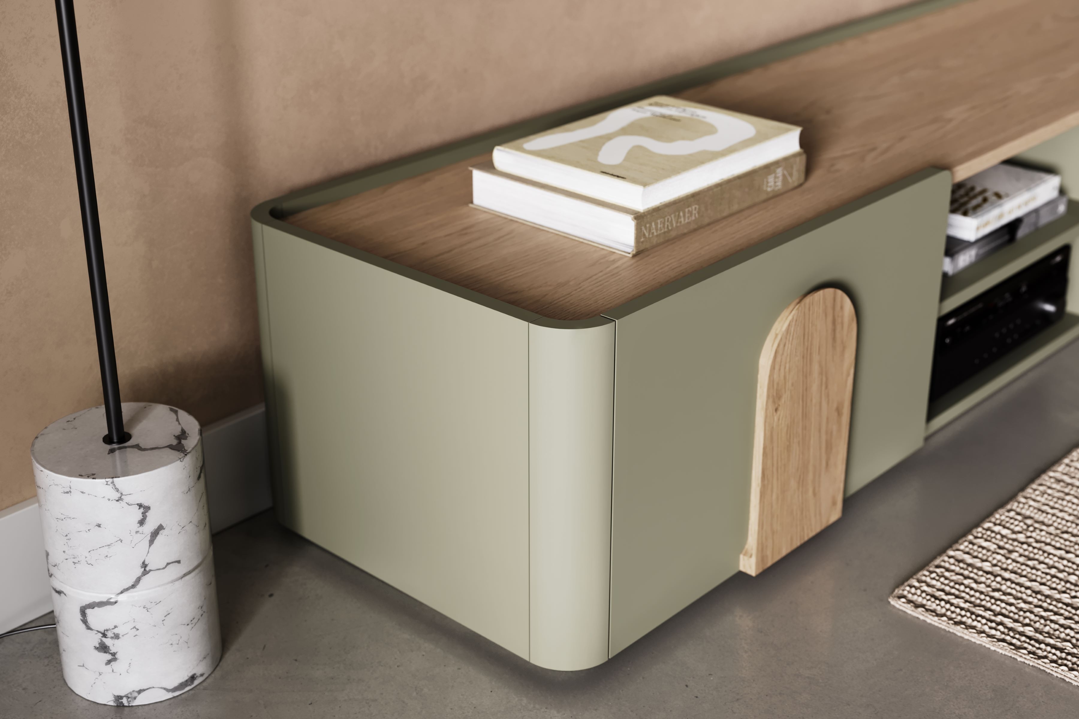 TV stolík Amilio 220 cm so zásuvkou - eukalyptus / dub baltic dune / úchytky dub prírodný TV skrinka Amilio 220 cm z szuflada - eukaliptus / Dub baltic dune / úchyty Dub prírodné