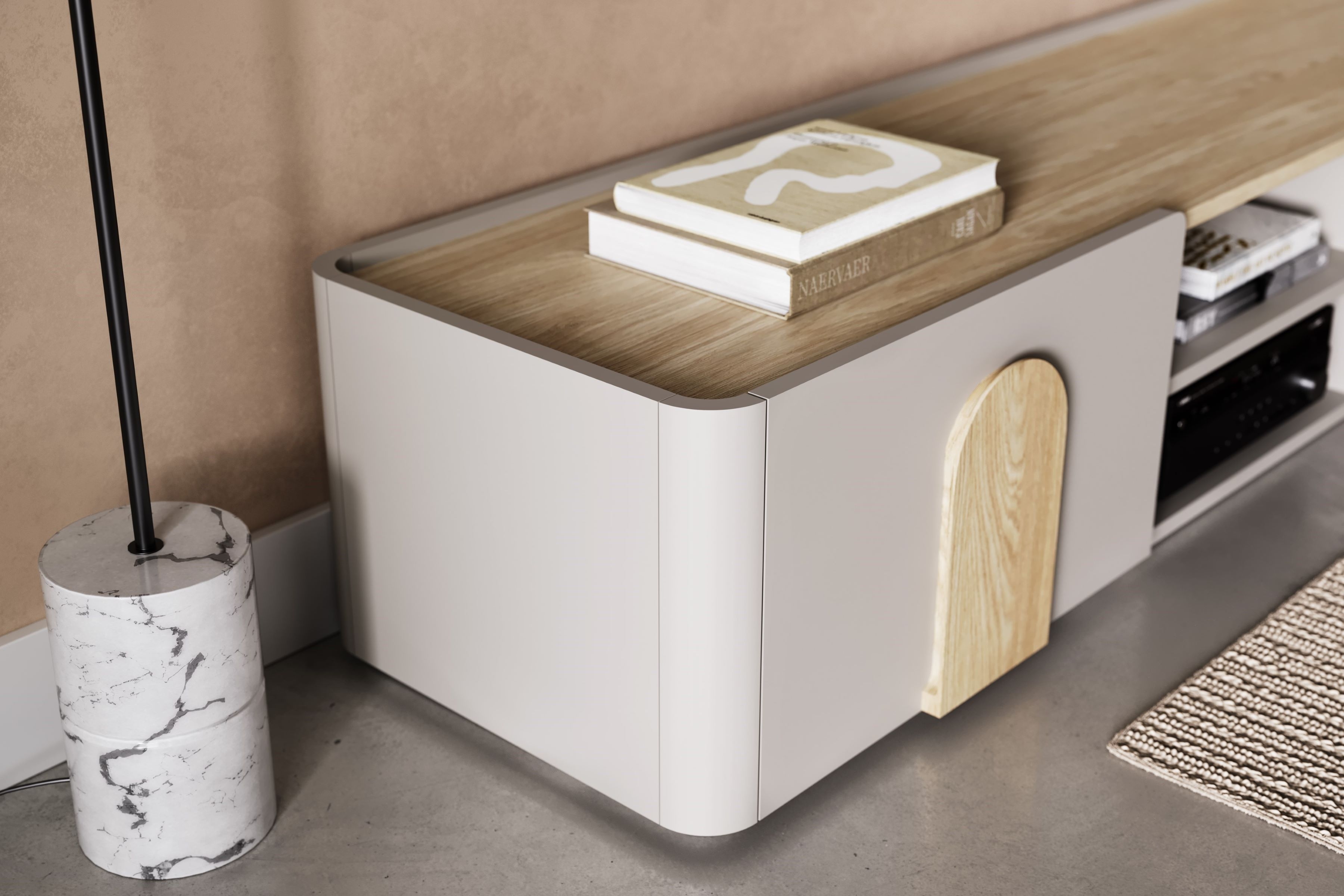 TV stolík Amilio 220 cm so zásuvkou - kašmír / olejovaný dub / úchytky svetlý dub TV skrinka Amilio 220 cm z szuflada - kašmír / Dub olejowany / úchyty Svetlý dub