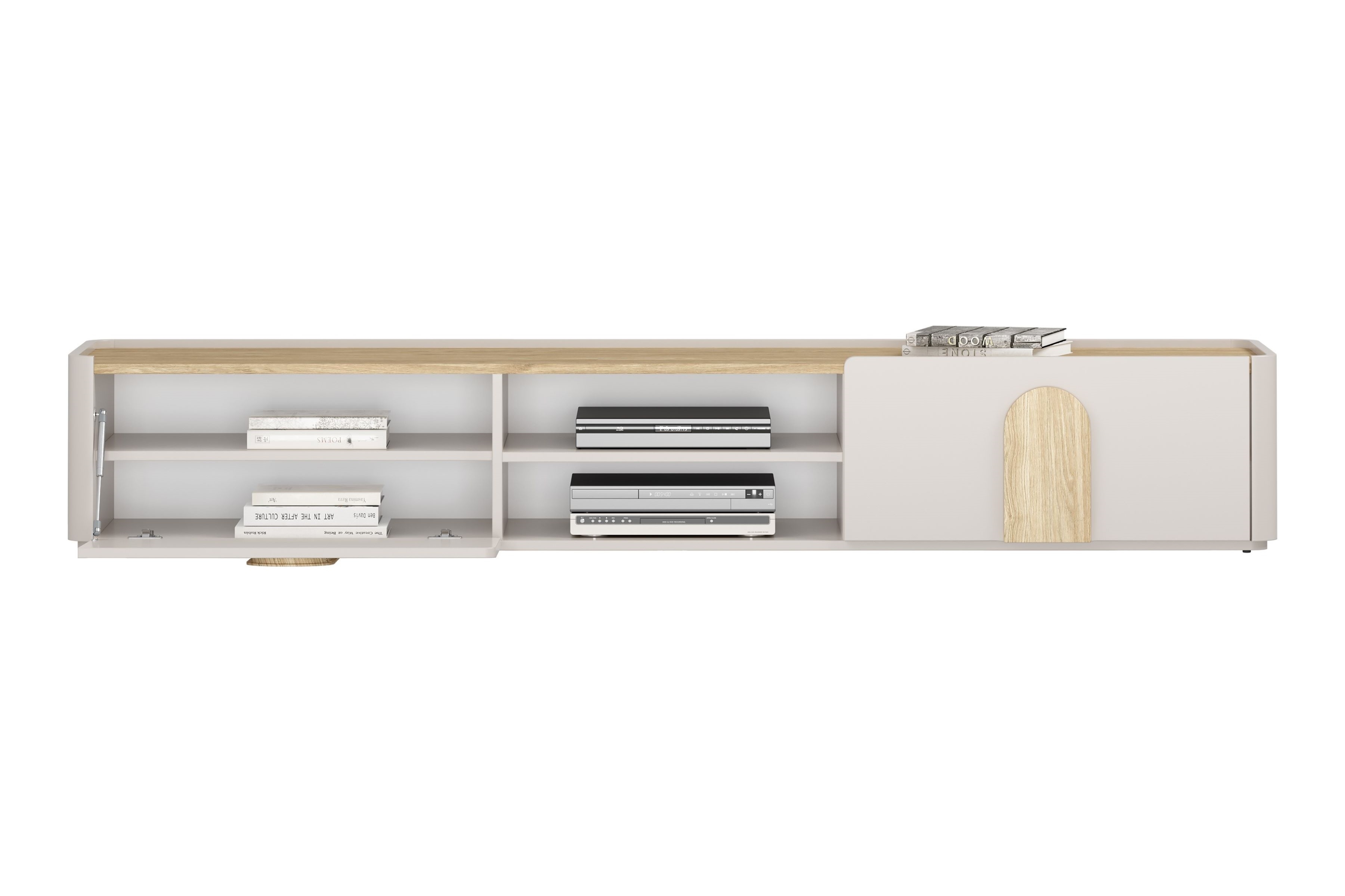 TV stolík Amilio 220 cm so zásuvkou - kašmír / olejovaný dub / úchytky svetlý dub TV skrinka Amilio 220 cm z szuflada - kašmír / Dub olejowany / úchyty Svetlý dub