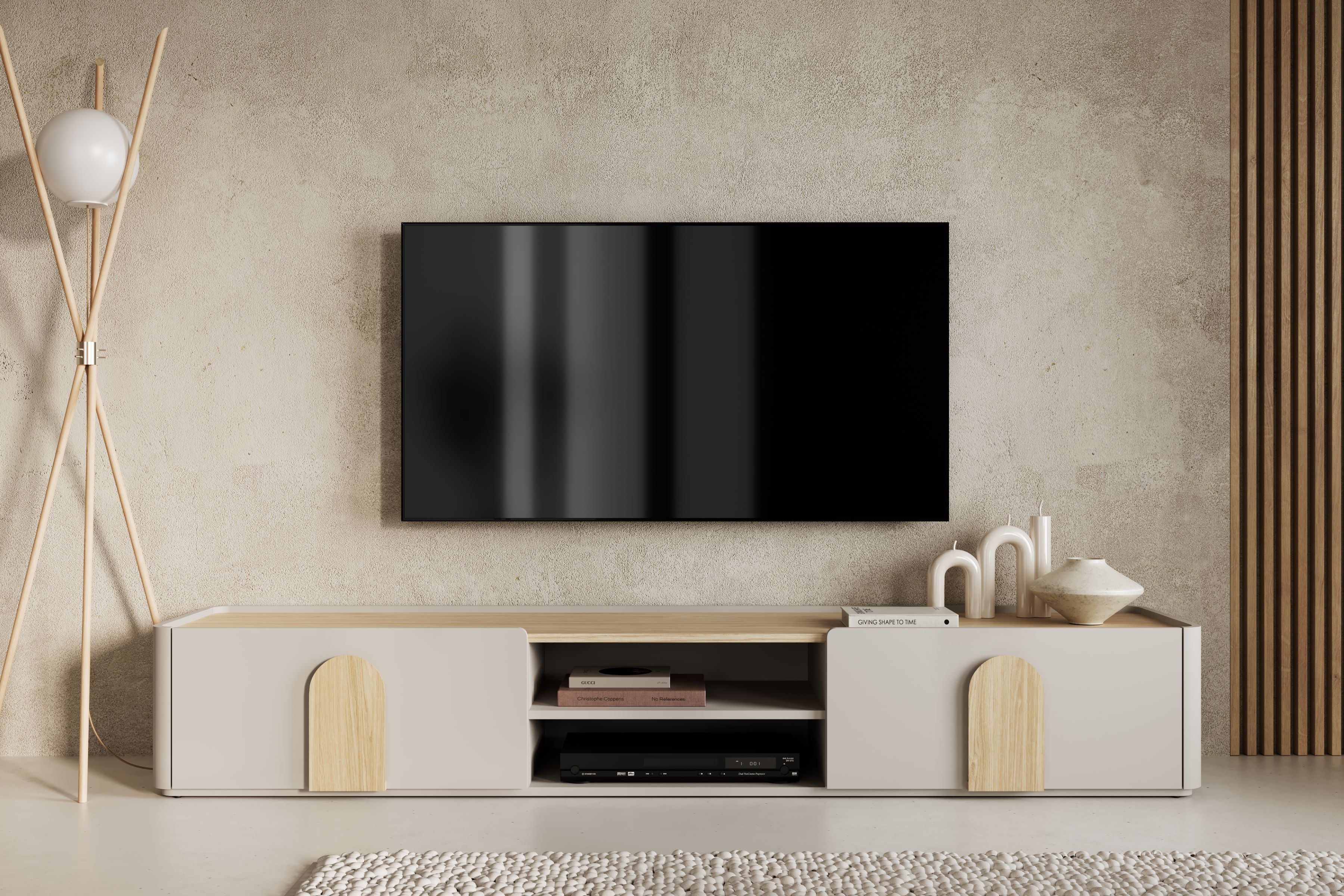 TV stolík Amilio 220 cm so zásuvkou - kašmír / olejovaný dub / úchytky svetlý dub TV skrinka Amilio 220 cm z szuflada - kašmír / Dub olejowany / úchyty Svetlý dub