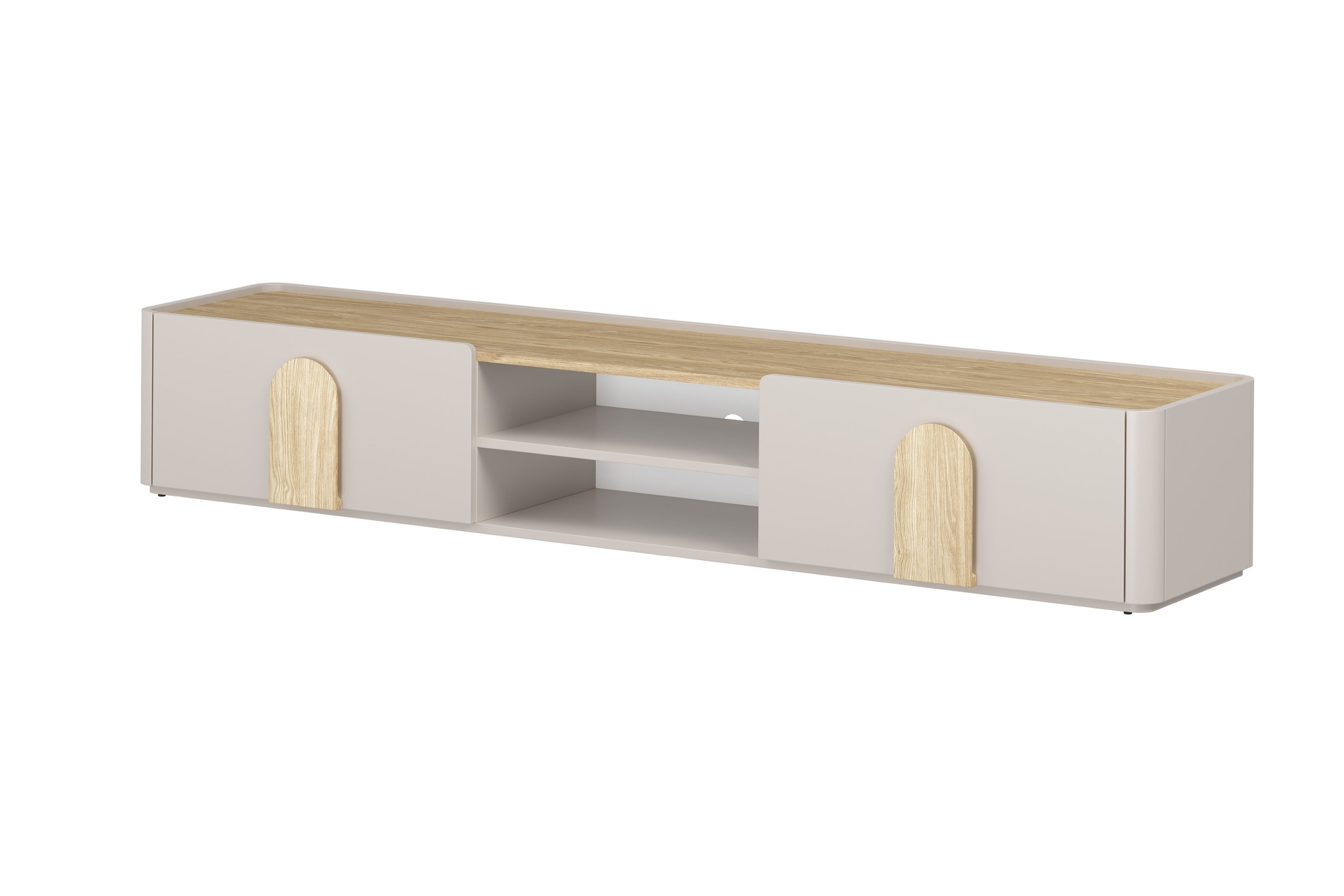 TV stolík Amilio 220 cm so zásuvkou - kašmír / olejovaný dub / úchytky svetlý dub TV skrinka Amilio 220 cm z szuflada - kašmír / Dub olejowany / úchyty Svetlý dub