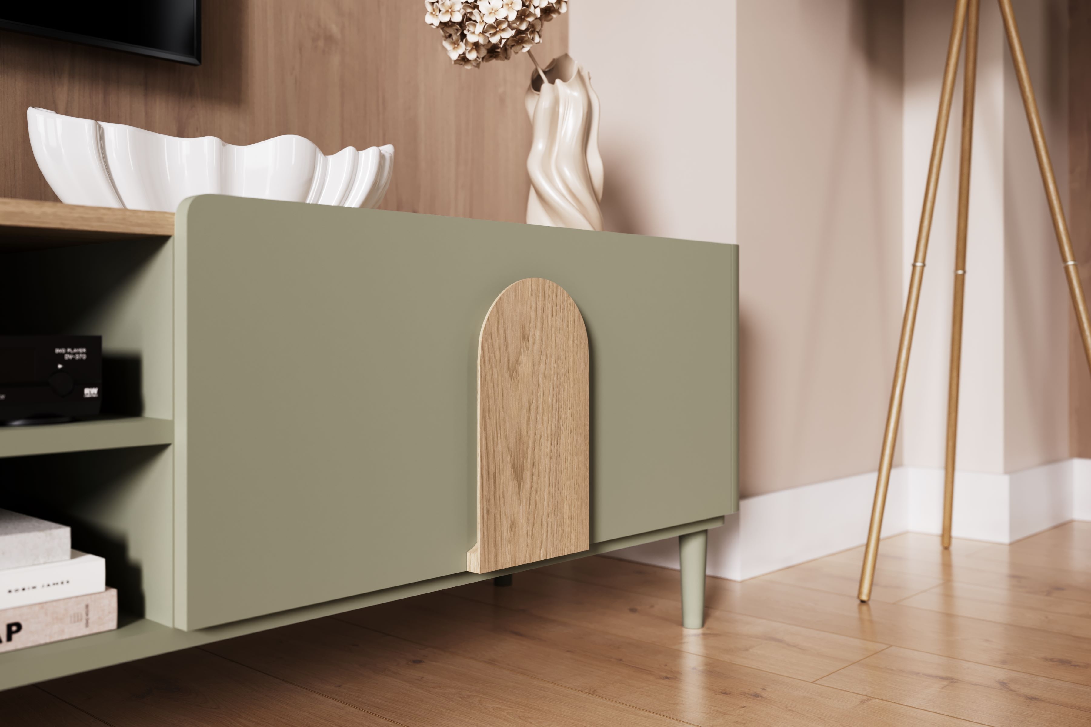 TV stolík Amilio 220 cm so zásuvkou - eukalyptus / dub baltic dune / dub prírodný TV skrinka Amilio 220 cm z szuflada na nôžkach - eukaliptus / Dub baltic dune / úchyty Dub prírodné