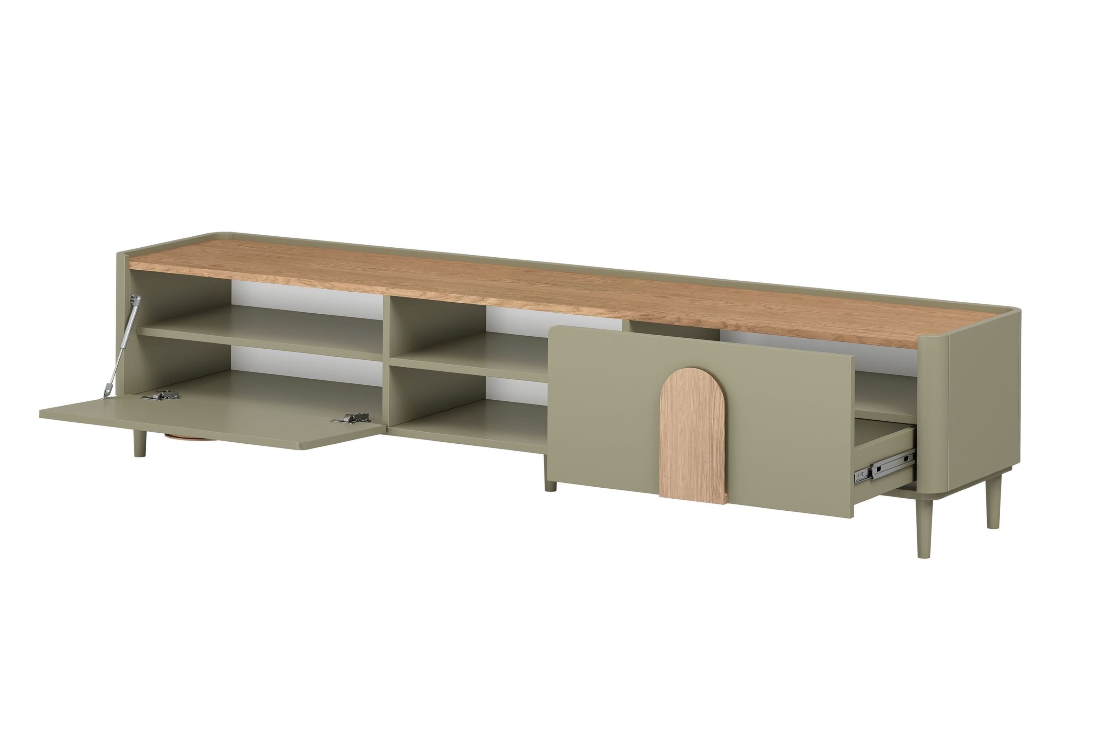 TV stolík Amilio 220 cm so zásuvkou - eukalyptus / dub baltic dune / dub prírodný TV skrinka Amilio 220 cm z szuflada na nôžkach - eukaliptus / Dub baltic dune / úchyty Dub prírodné