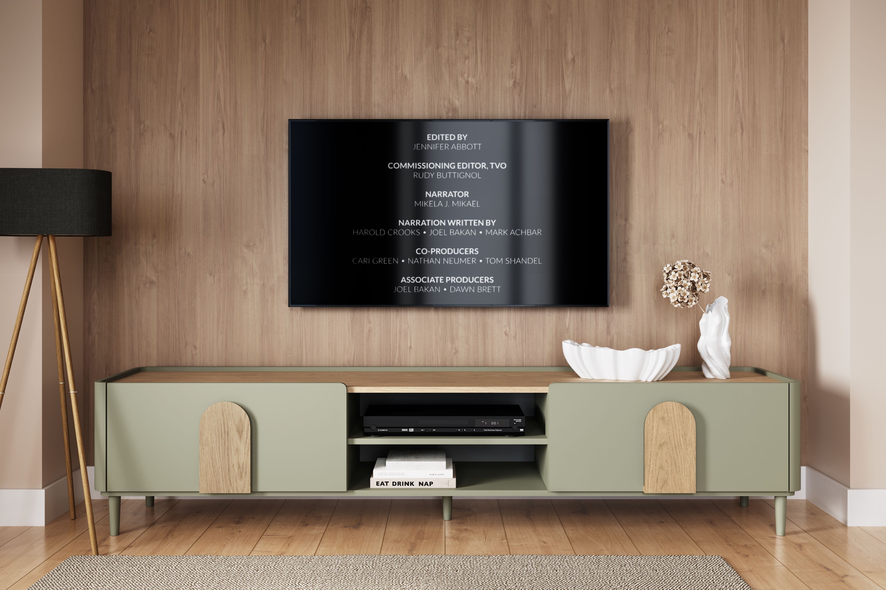 TV stolík Amilio 220 cm so zásuvkou - eukalyptus / dub baltic dune / dub prírodný TV skrinka Amilio 220 cm z szuflada na nôžkach - eukaliptus / Dub baltic dune / úchyty Dub prírodné