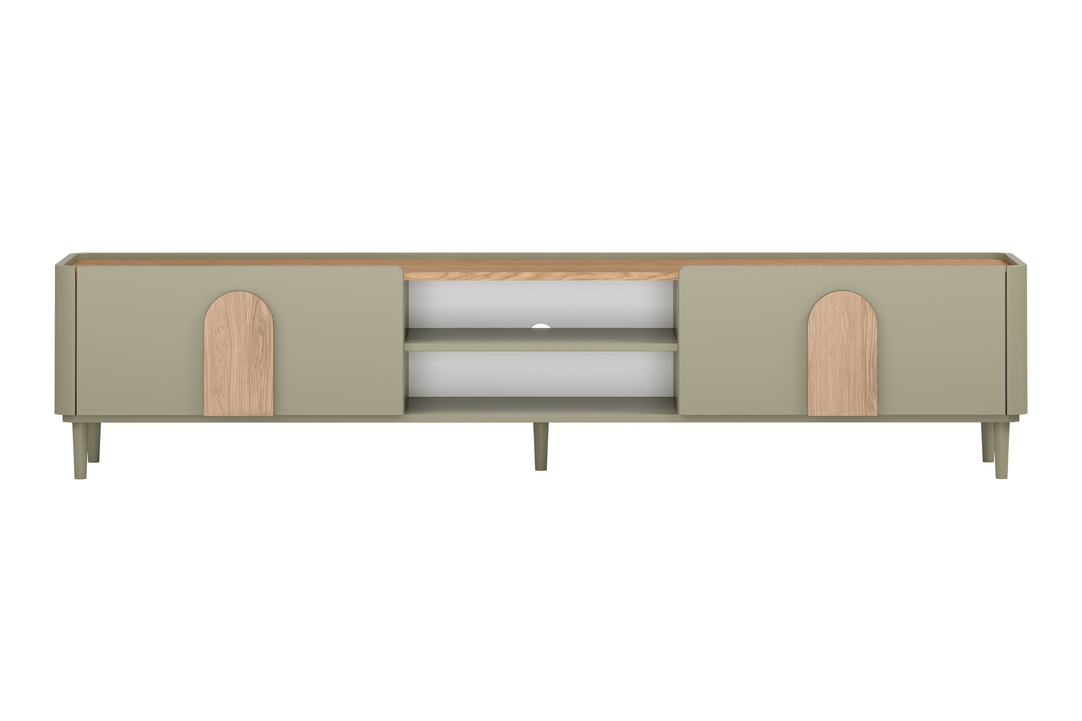 TV stolík Amilio 220 cm so zásuvkou - eukalyptus / dub baltic dune / dub prírodný TV skrinka Amilio 220 cm z szuflada na nôžkach - eukaliptus / Dub baltic dune / úchyty Dub prírodné