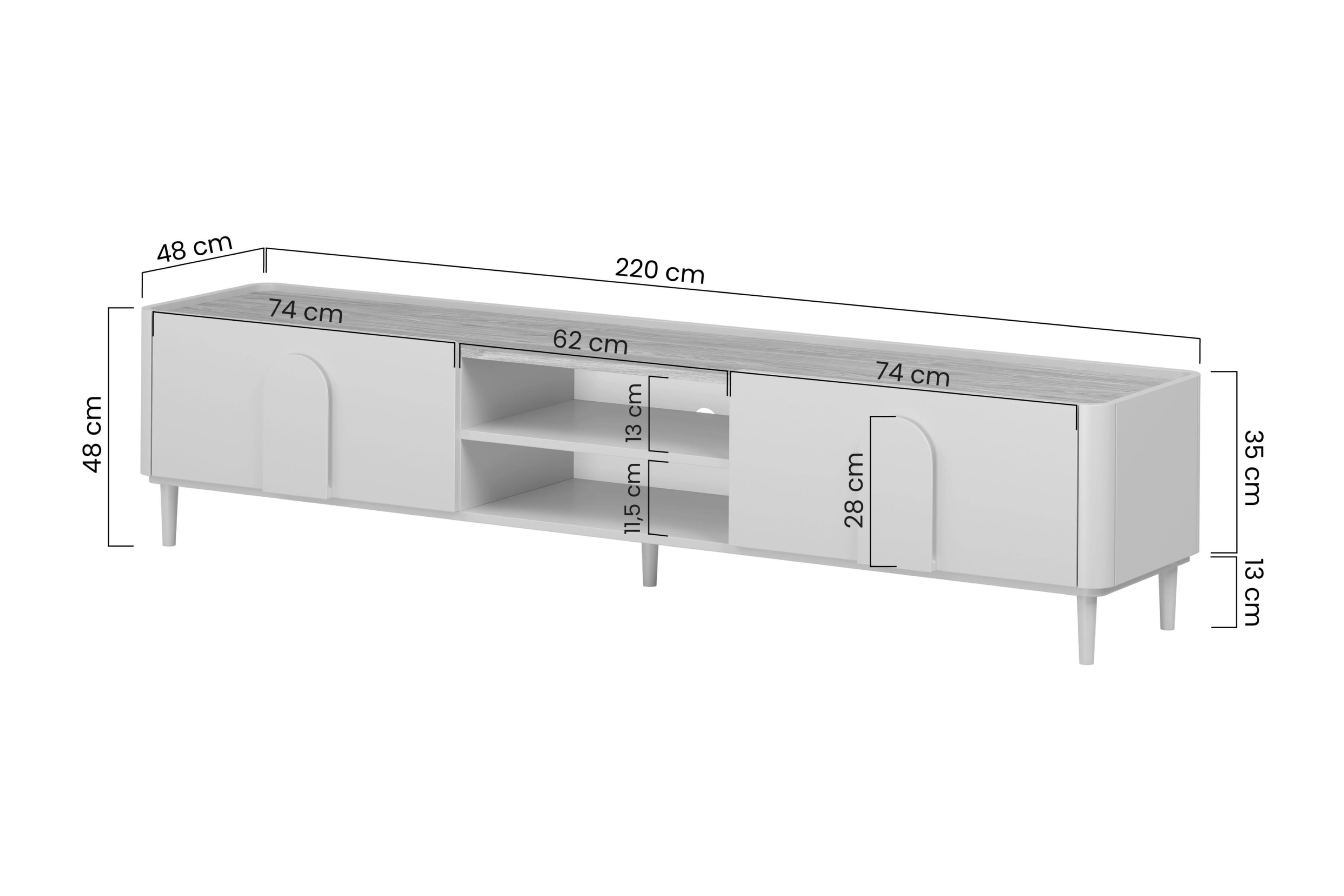 TV stolík Amilio 220 cm so zásuvkou - kašmír / olejovaný dub / úchytky svetlý dub TV skrinka Amilio 220 cm z szuflada na nôžkach - kašmír / Dub olejowany / úchyty Svetlý dub