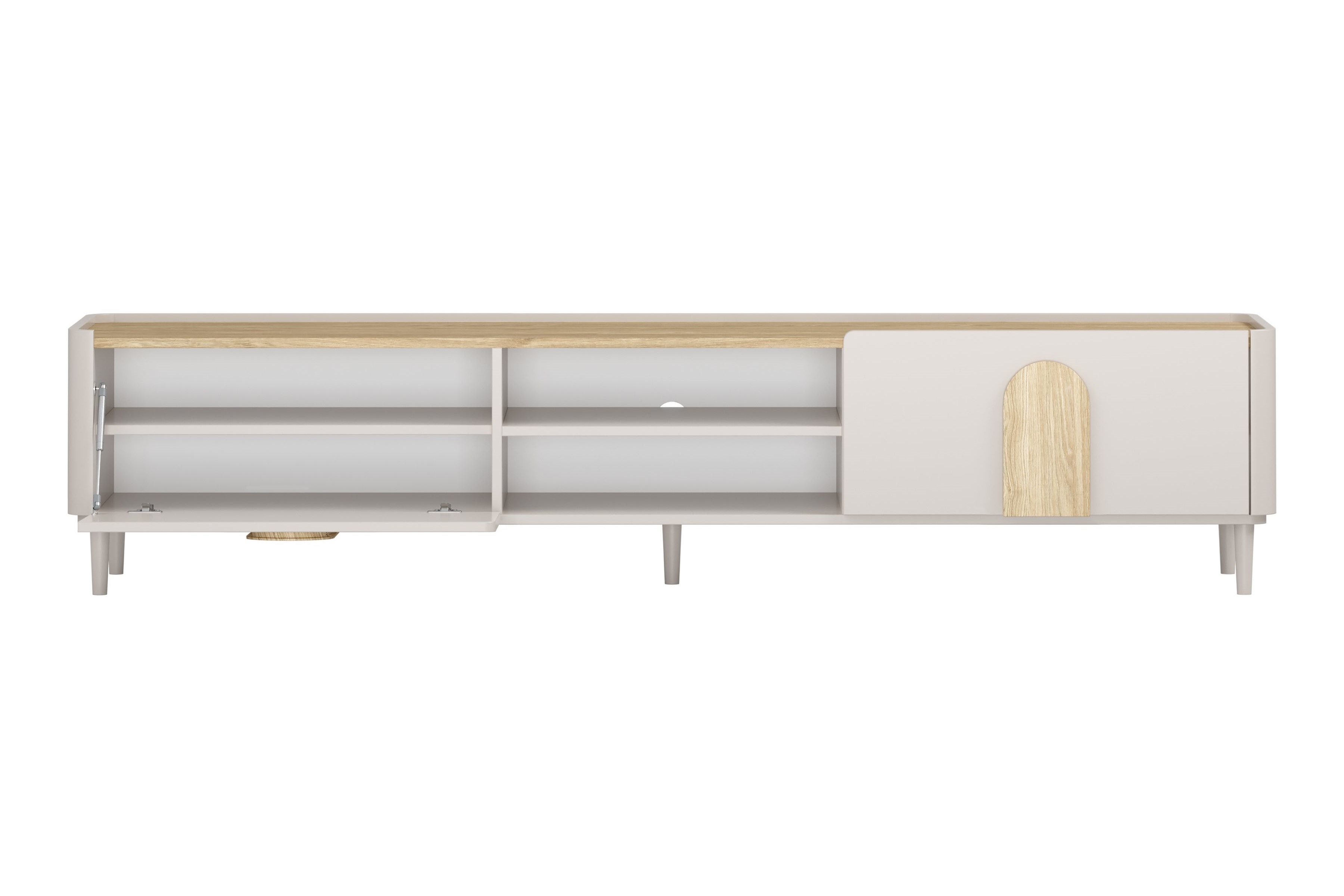 TV stolík Amilio 220 cm so zásuvkou - kašmír / olejovaný dub / úchytky svetlý dub TV skrinka Amilio 220 cm z szuflada na nôžkach - kašmír / Dub olejowany / úchyty Svetlý dub