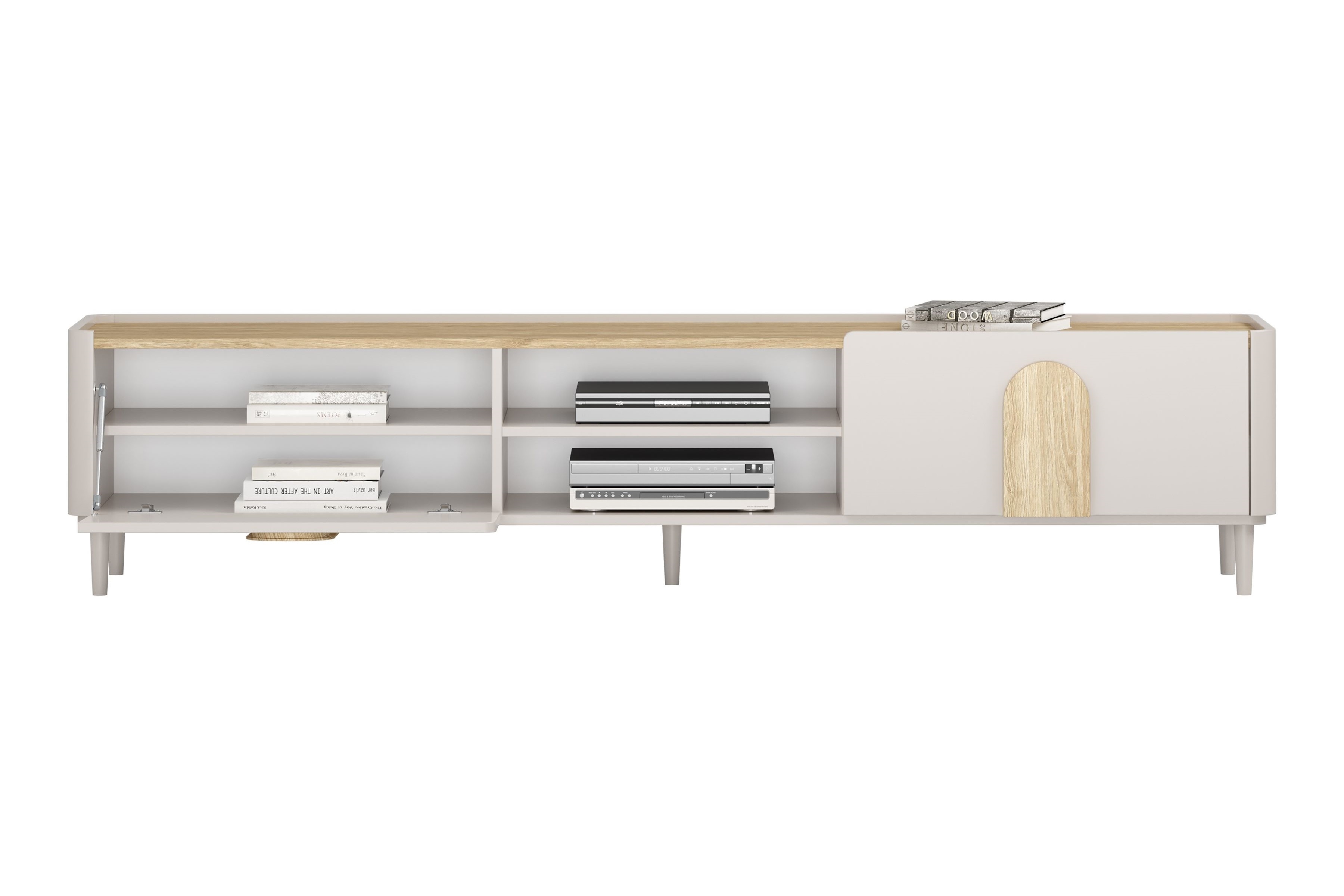 TV stolík Amilio 220 cm so zásuvkou - kašmír / olejovaný dub / úchytky svetlý dub TV skrinka Amilio 220 cm z szuflada na nôžkach - kašmír / Dub olejowany / úchyty Svetlý dub