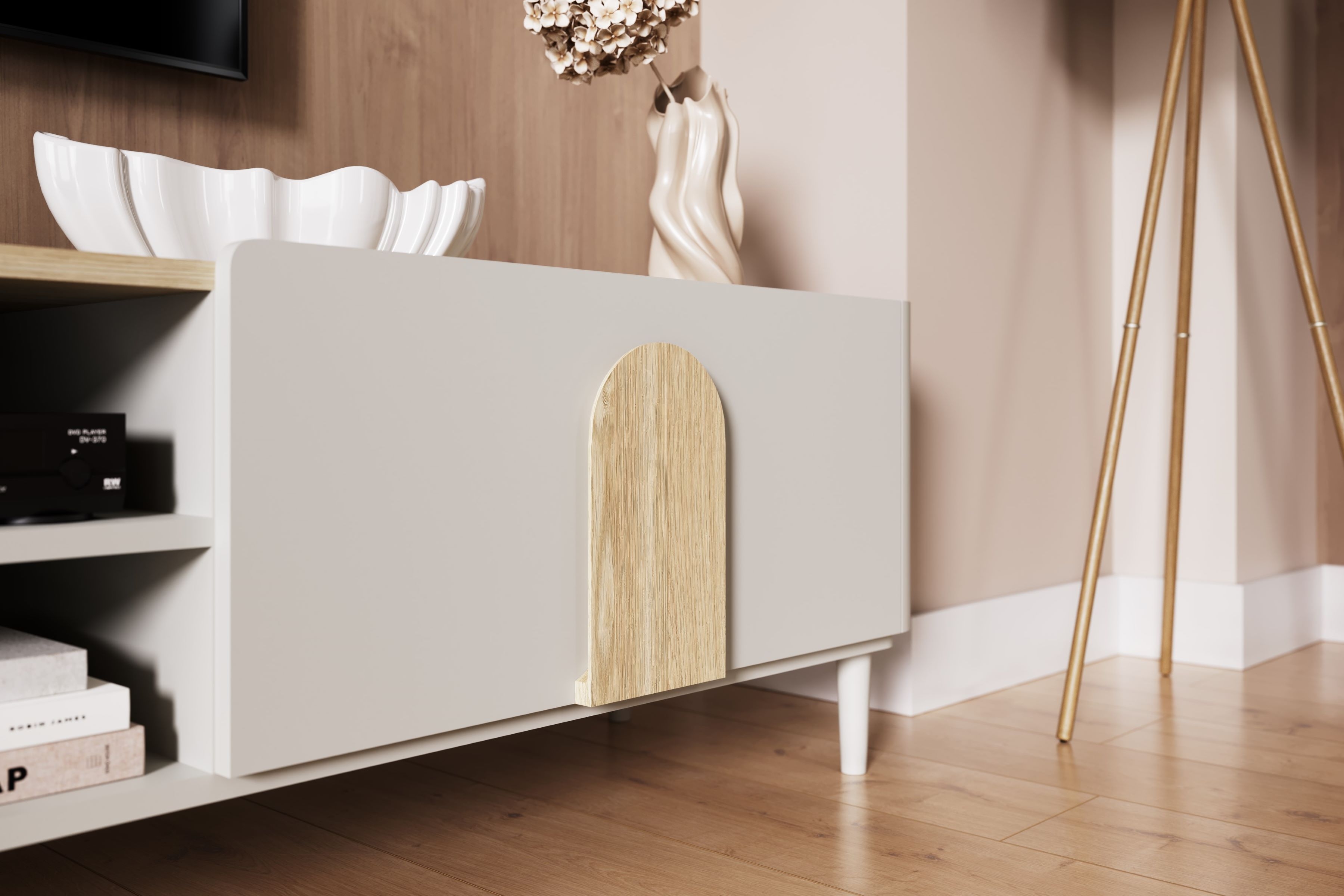 TV stolík Amilio 220 cm so zásuvkou - kašmír / olejovaný dub / úchytky svetlý dub TV skrinka Amilio 220 cm z szuflada na nôžkach - kašmír / Dub olejowany / úchyty Svetlý dub