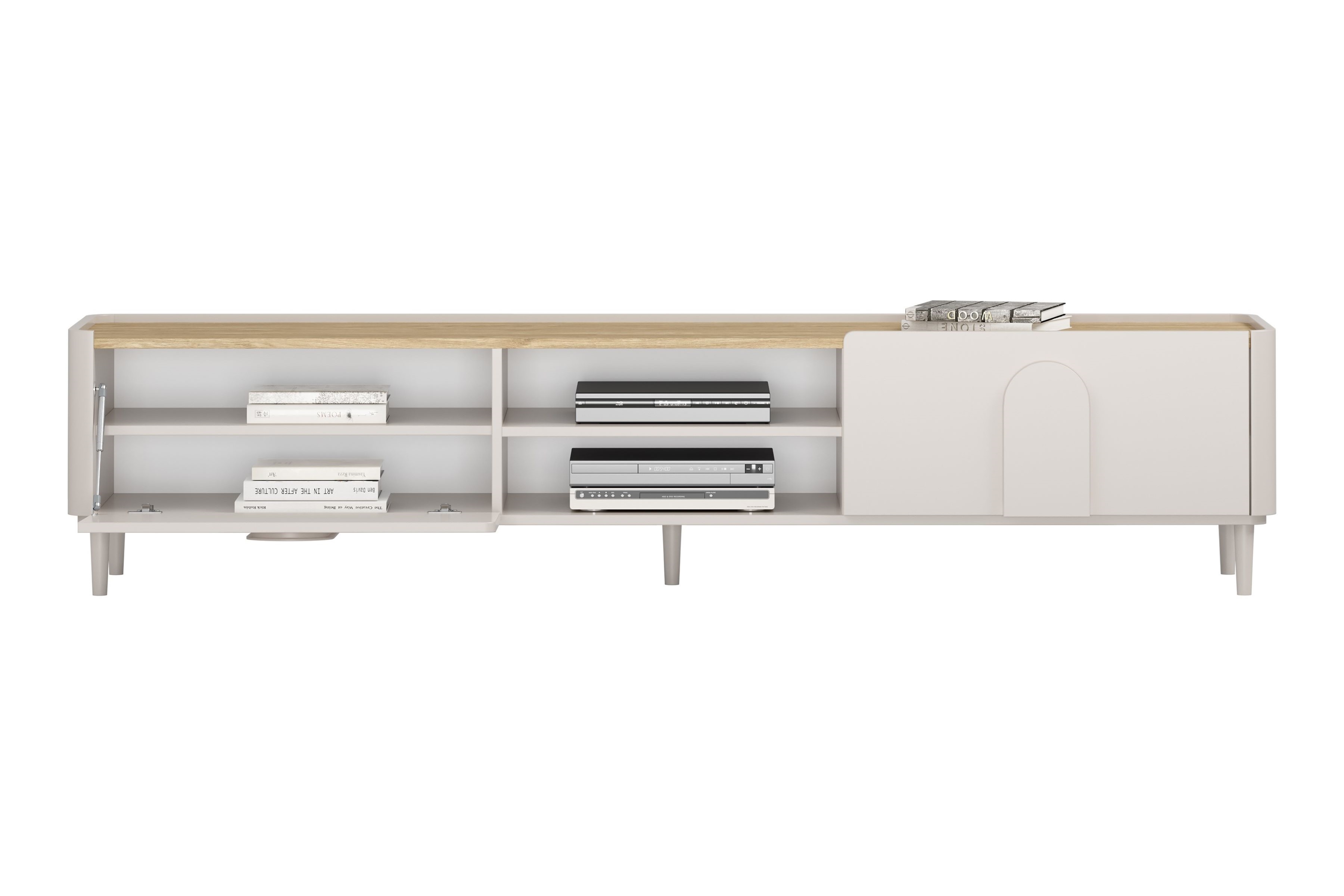 TV stolík Amilio 220 cm so zásuvkou - kašmír / olejovaný dub / úchytky kašmír TV skrinka Amilio 220 cm z szuflada na nôžkach - kašmír / Dub olejowany / úchyty kašmír