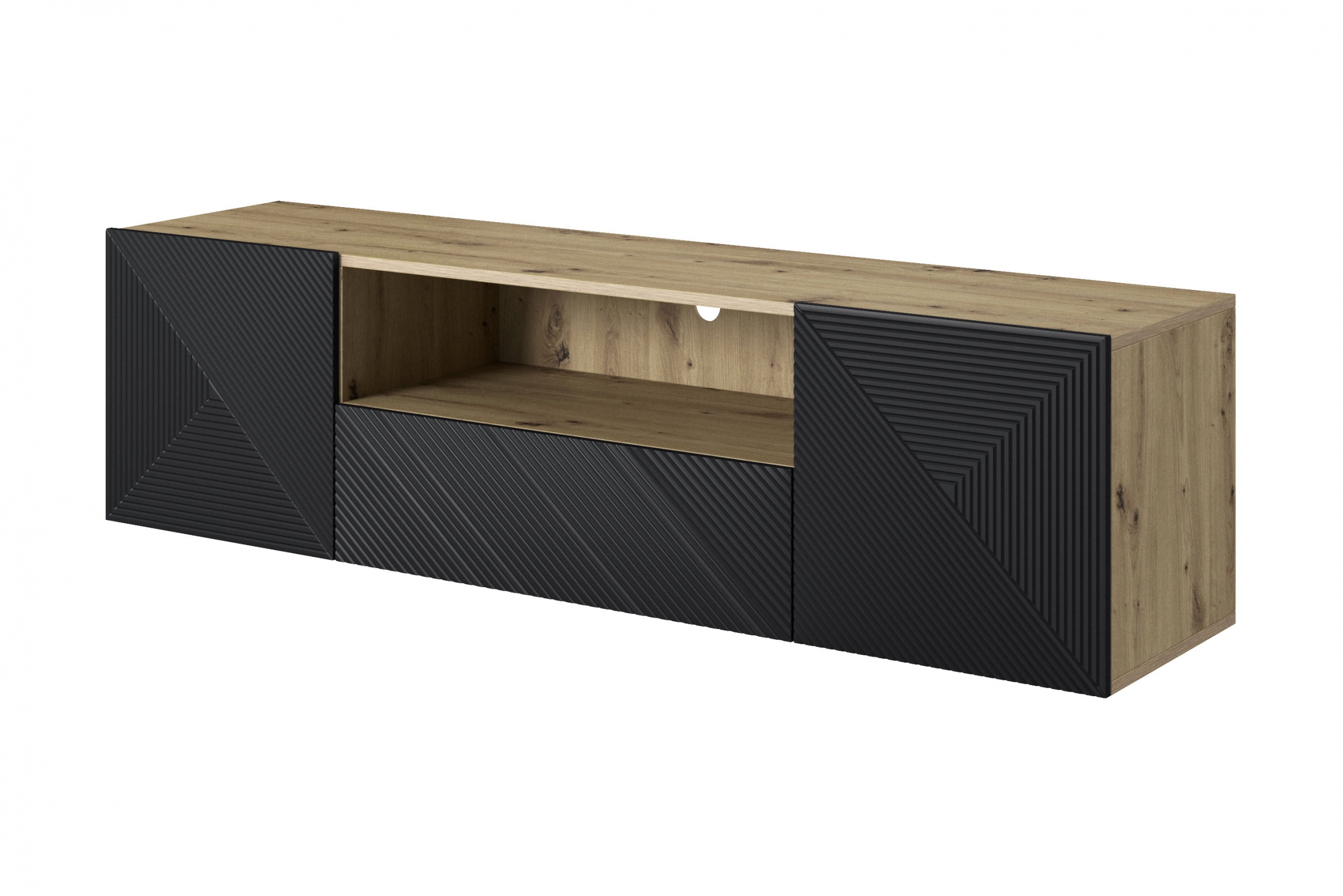 Závěsný TV stolek Asha 167 cm - dub artisan / černý mat skříňka RTV Asha 167 cm závěsná z szuflada i wneka - artisan / černá mat