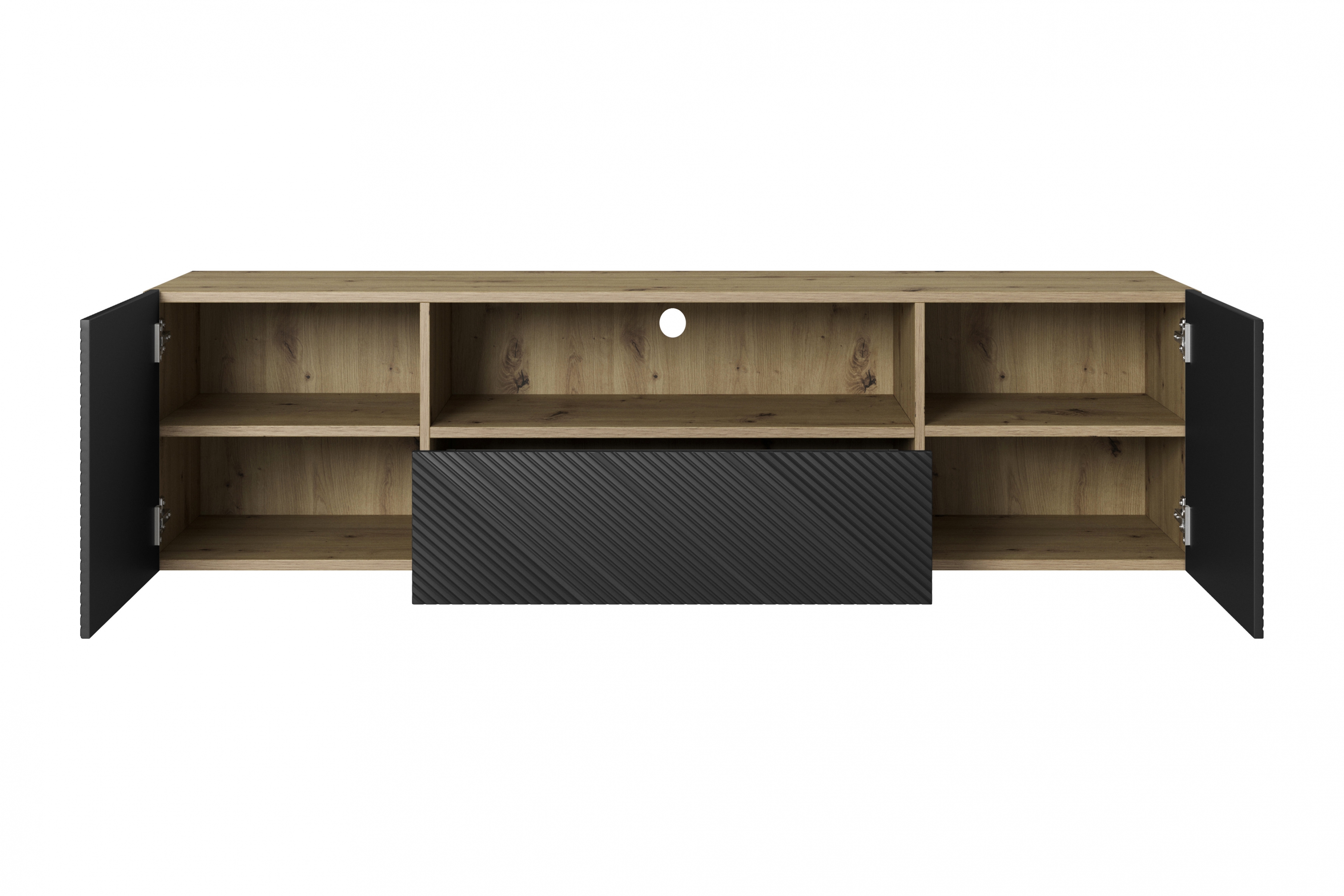 Závěsný TV stolek Asha 167 cm - dub artisan / černý mat skříňka RTV Asha 167 cm závěsná z szuflada i wneka - artisan / černá mat