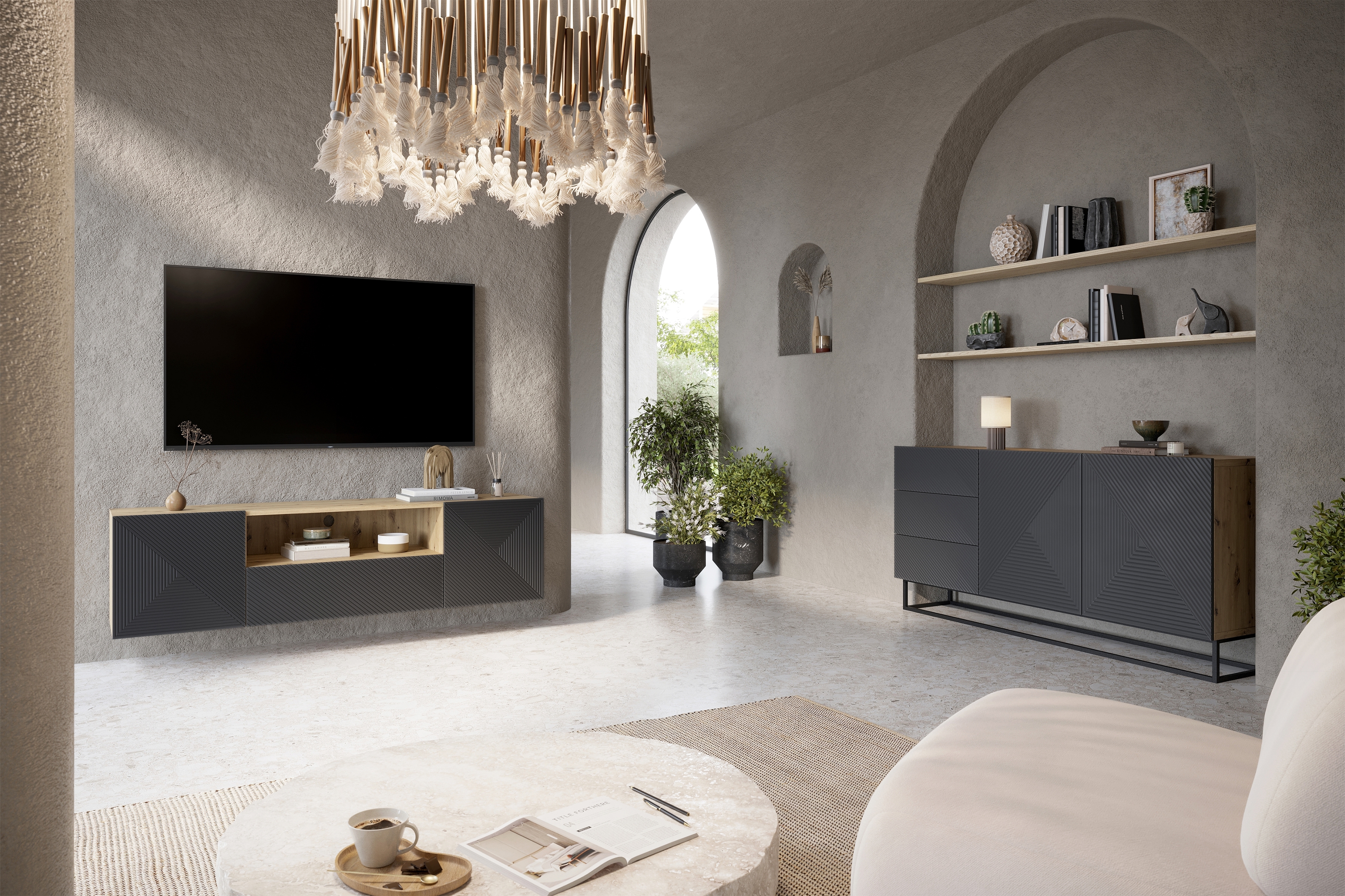 Závěsný TV stolek Asha 167 cm - dub artisan / rivier stone mat Skříňka RTV Asha 167 cm závěsná z szuflada i wneka - artisan / rivier stone mat