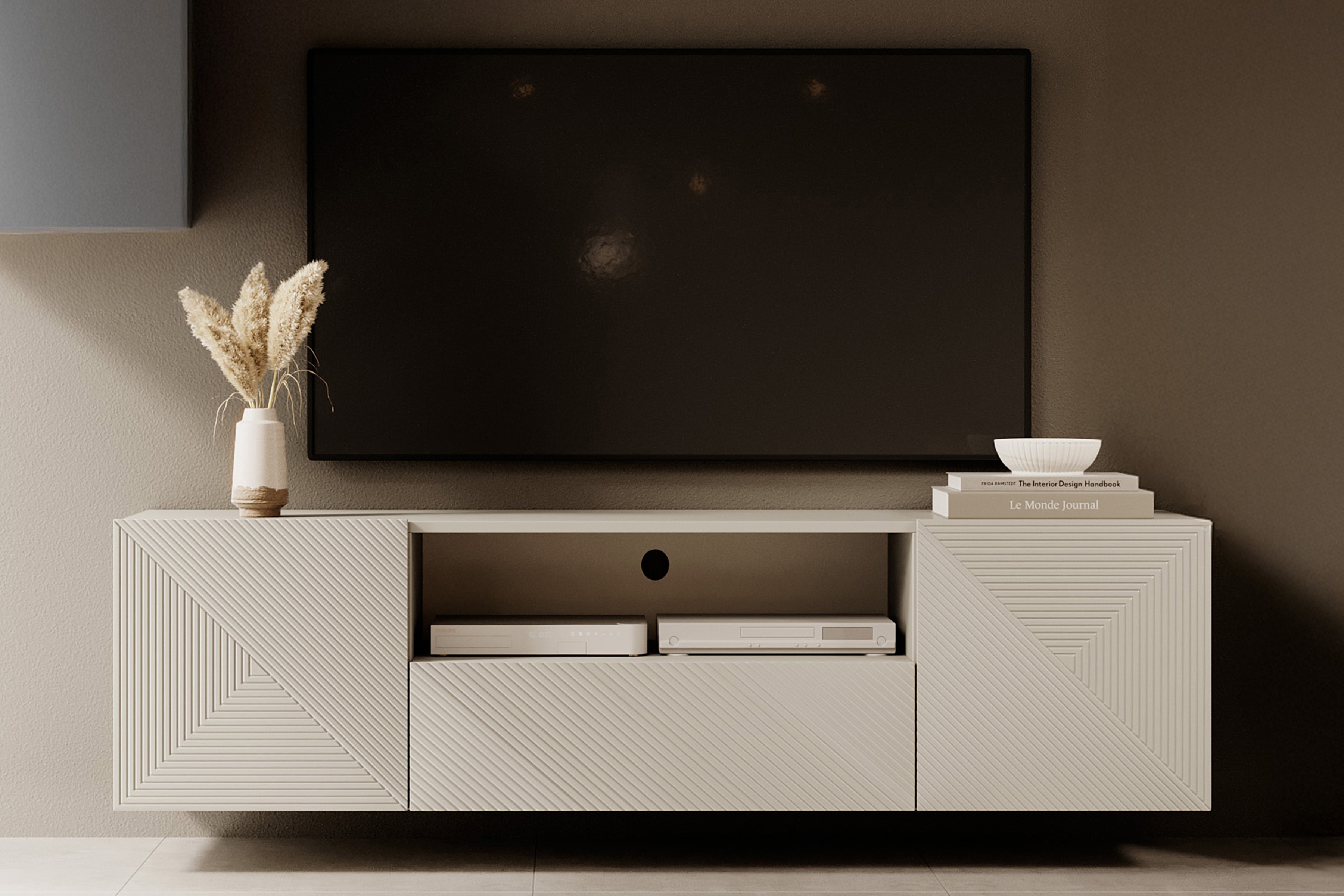 Závěsný TV stolek Asha 167 cm - kašmír skříňka RTV Asha 167 cm závěsná z szuflada i wneka - kašmír