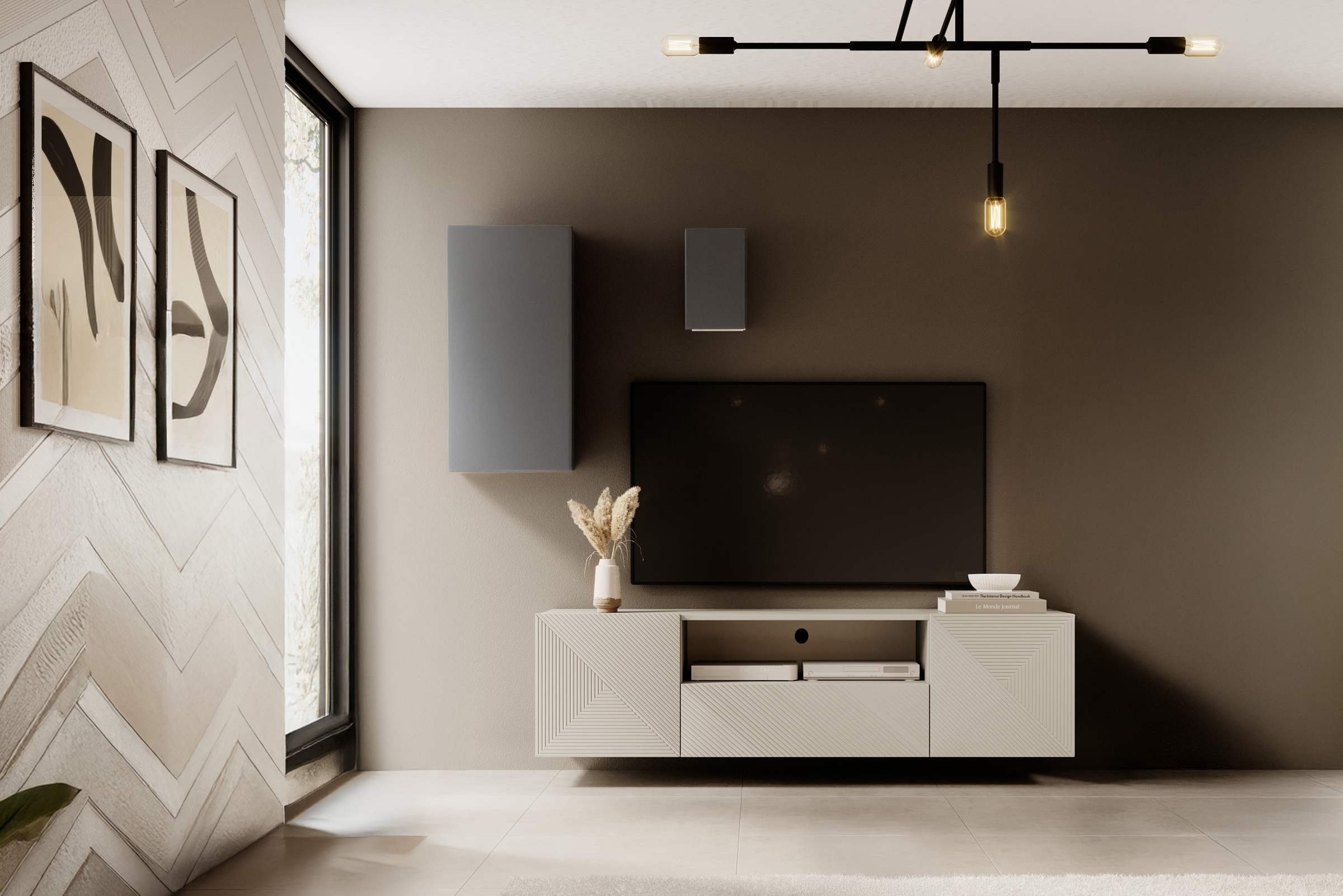 Závěsný TV stolek Asha 167 cm - kašmír skříňka RTV Asha 167 cm závěsná z szuflada i wneka - kašmír