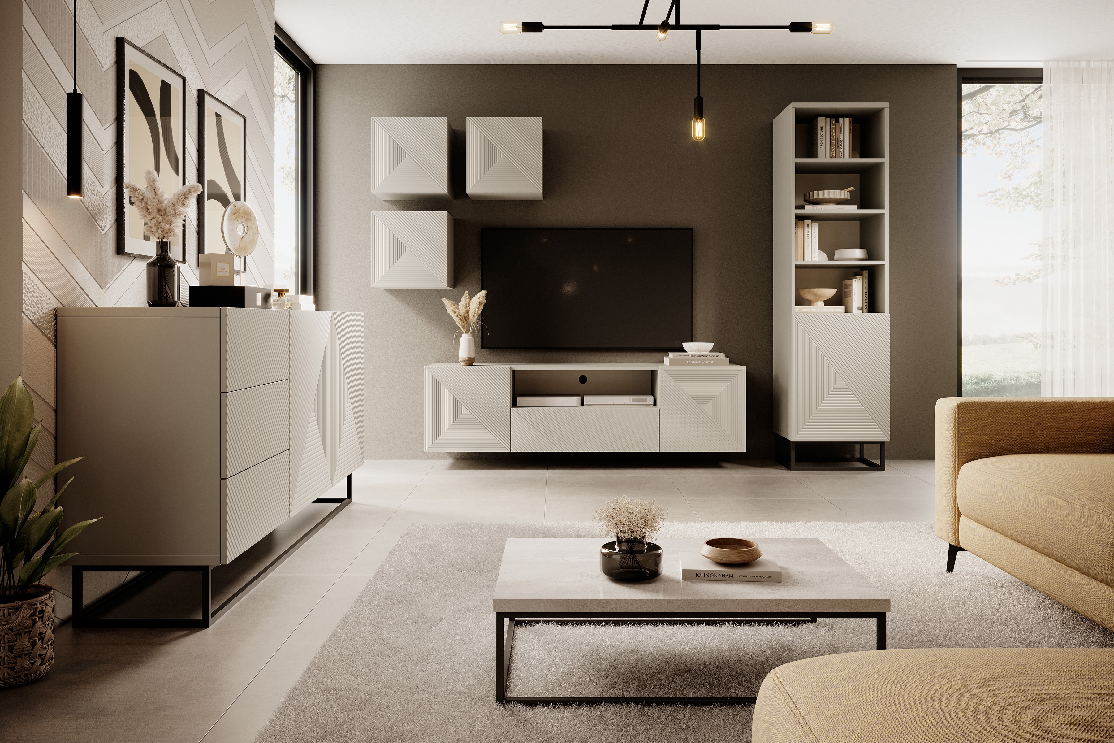 Závěsný TV stolek Asha 167 cm - kašmír Skříňka RTV Asha 167 cm závěsná z szuflada i wneka - kašmír