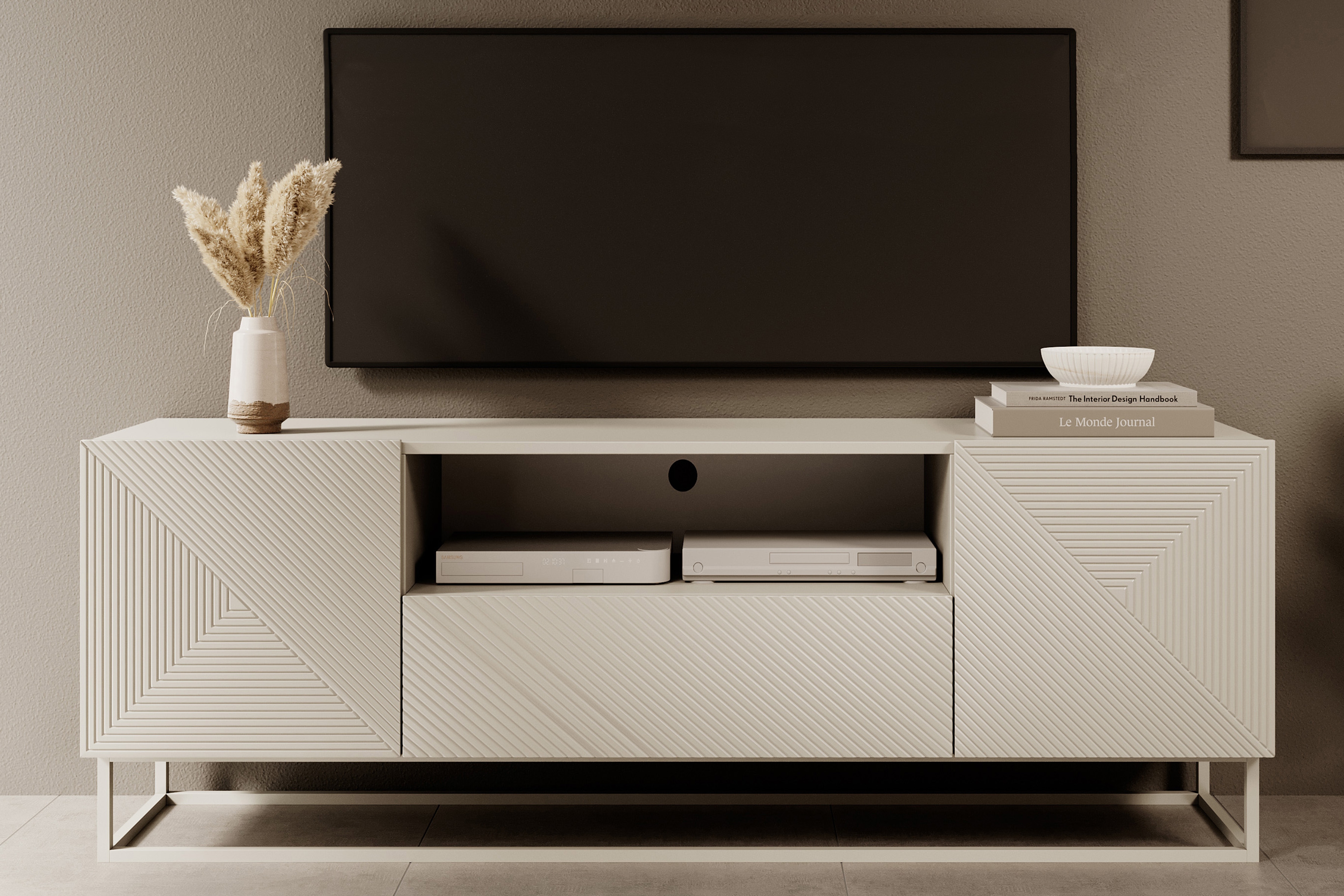 TV stolek Asha 167 cm - kašmír / kašmírový kovový rám skříňka RTV Asha 167 cm z szuflada i metalowym kaszmirowym stelazem - kašmír