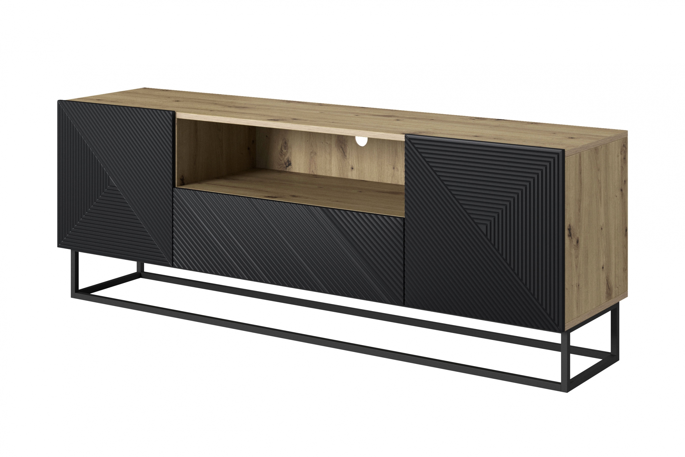 TV stolík Asha 167 cm na čiernom podstavci s otvorenou policou - artisan / čierny mat TV skrinka Asha 167 cm z szuflada i metalowym stelazem - artisan / Čierny mat