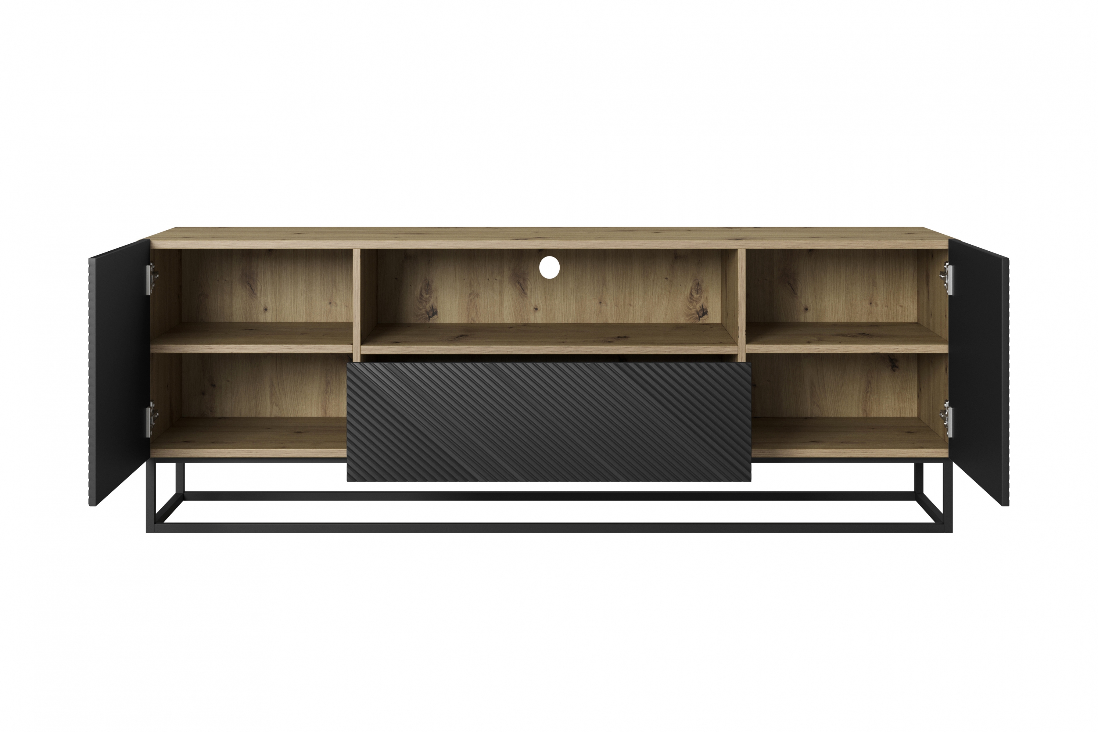 TV stolík Asha 167 cm na čiernom podstavci s otvorenou policou - artisan / čierny mat TV skrinka Asha 167 cm z szuflada i metalowym stelazem - artisan / Čierny mat