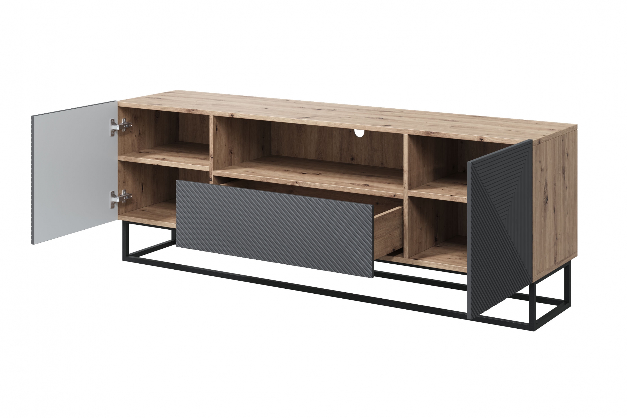 TV stolík Asha 167 cm na čiernom podstavci s otvorenou policou - artisan / rivier stone mat TV skrinka Asha 167 cm z szuflada i metalowym stelazem - artisan / rivier stone mat