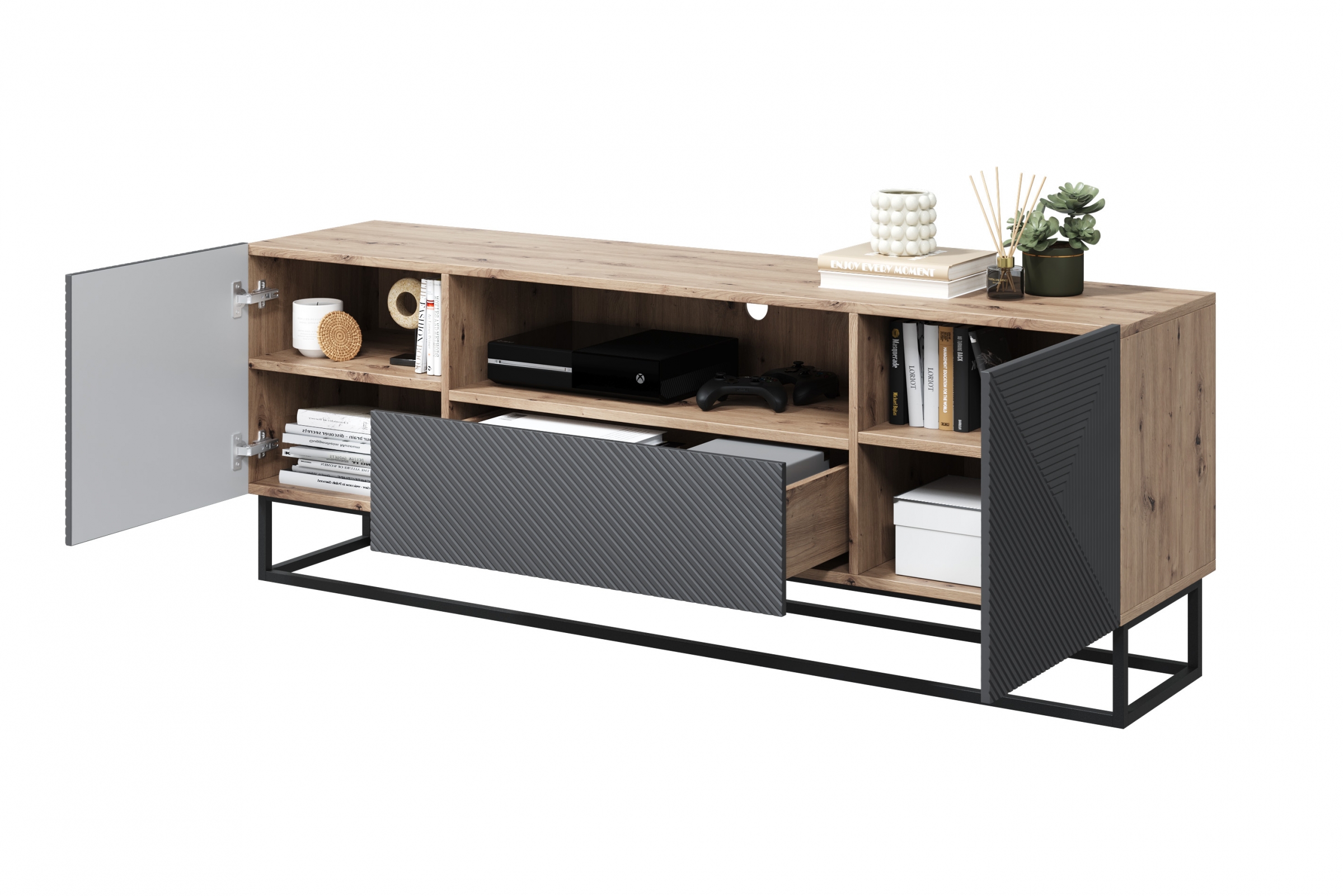 TV stolík Asha 167 cm na čiernom podstavci s otvorenou policou - artisan / rivier stone mat TV skrinka Asha 167 cm z szuflada i metalowym stelazem - artisan / rivier stone mat