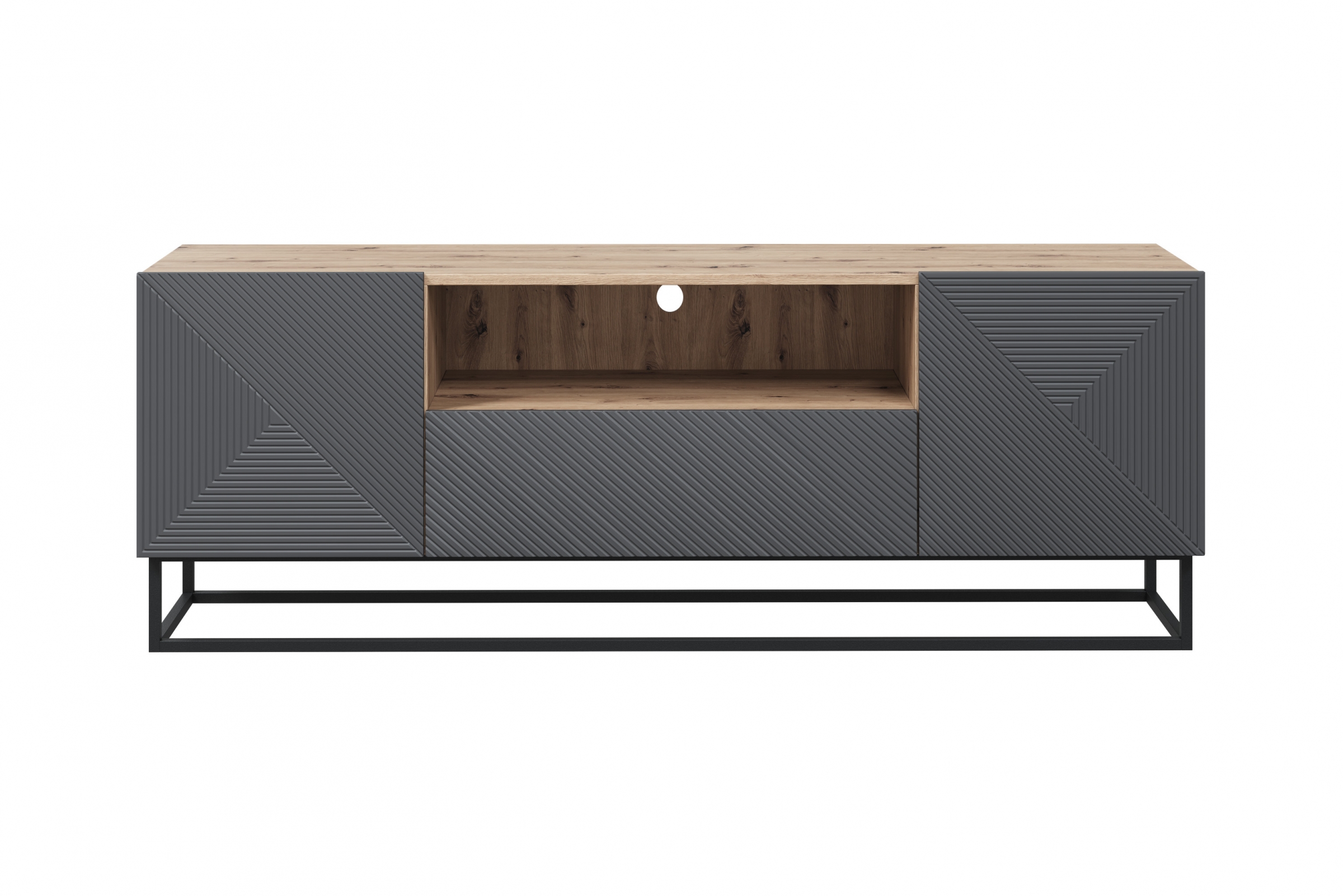 TV stolík Asha 167 cm na čiernom podstavci s otvorenou policou - artisan / rivier stone mat TV skrinka Asha 167 cm z szuflada i metalowym stelazem - artisan / rivier stone mat