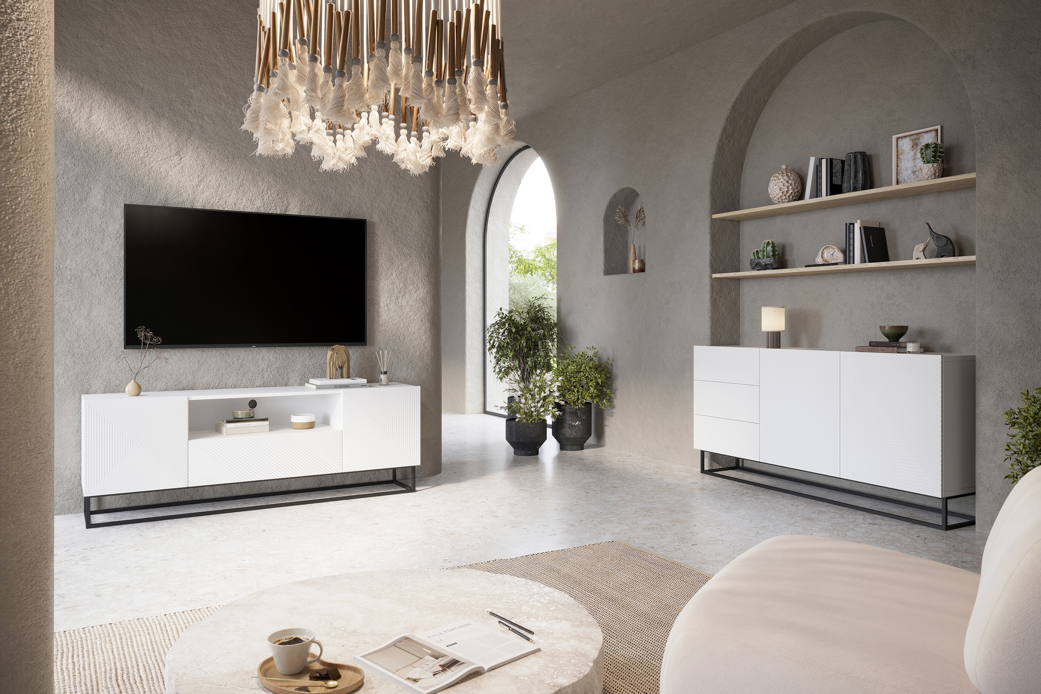 TV stolek Asha 167 cm - bílý mat / černý kovový podstavec Skříňka RTV Asha 167 cm z szuflada i metalowym stelazem - bílý mat