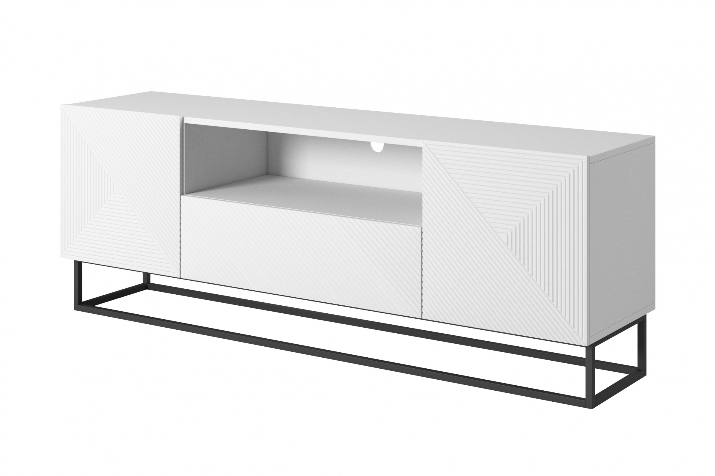 TV stolek Asha 167 cm - bílý mat / černý kovový podstavec skříňka RTV Asha 167 cm z szuflada i metalowym stelazem - bílý mat