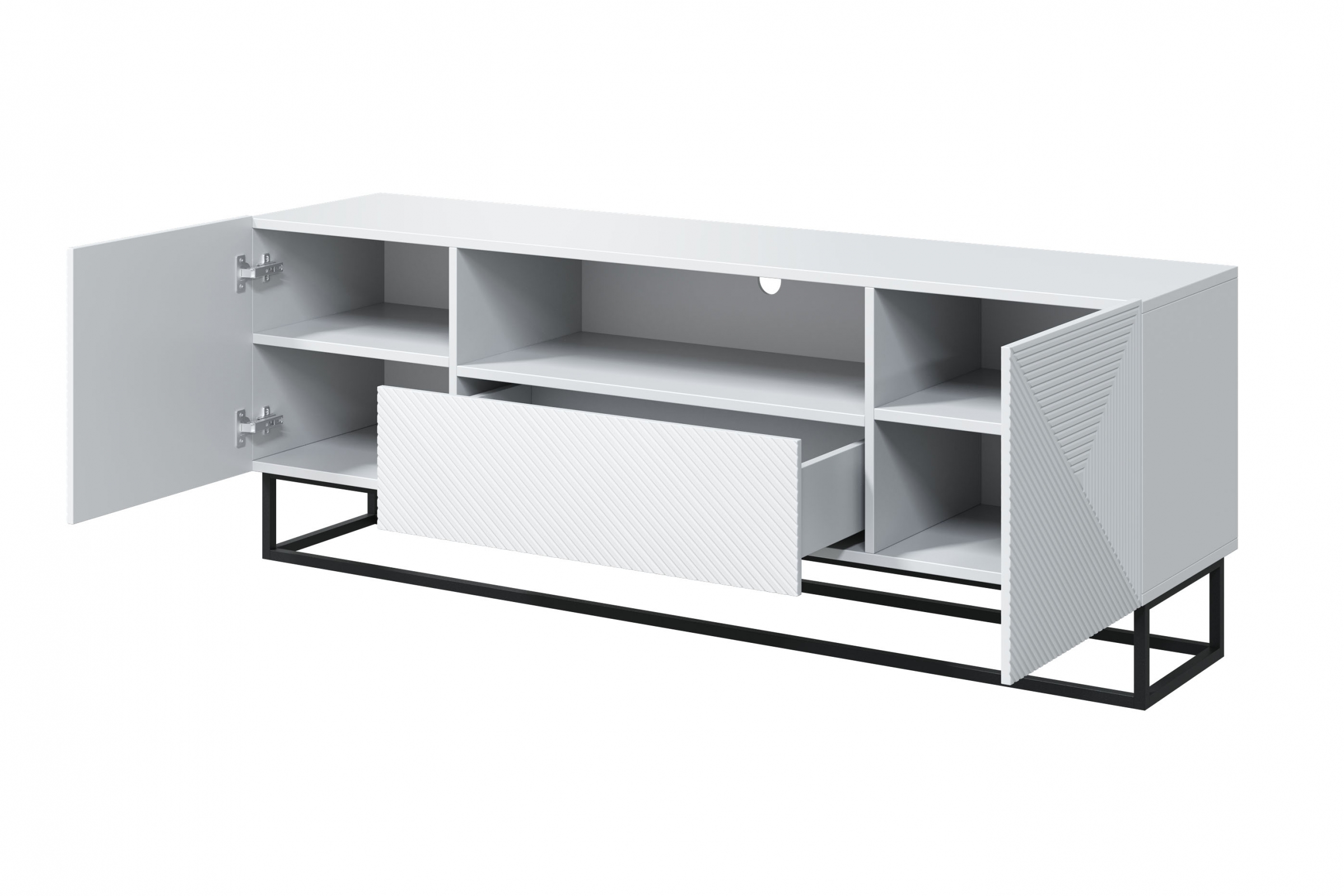 TV stolek Asha 167 cm - bílý mat / černý kovový podstavec skříňka RTV Asha 167 cm z szuflada i metalowym stelazem - bílý mat