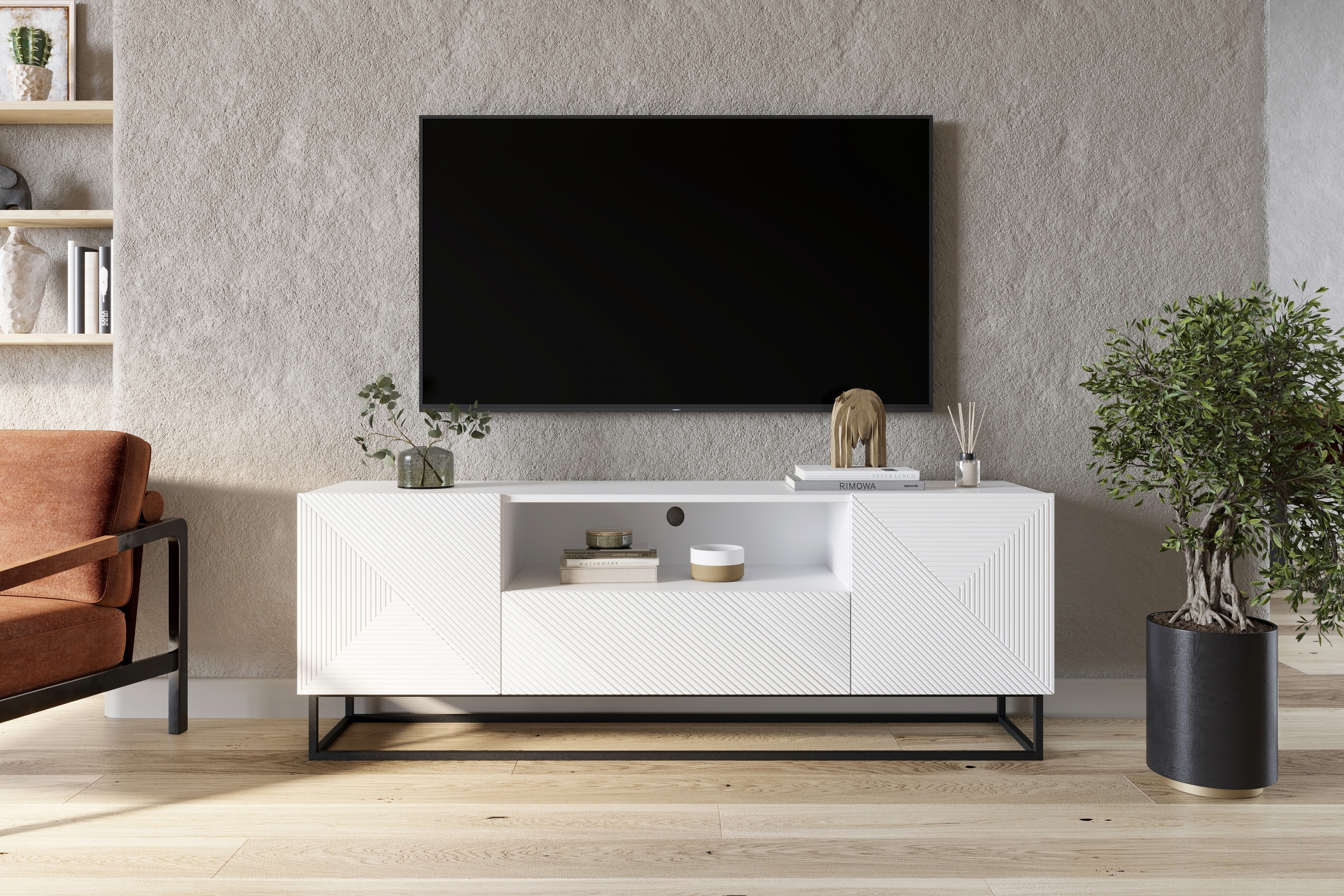 TV stolek Asha 167 cm - bílý mat / černý kovový podstavec skříňka RTV Asha 167 cm z szuflada i metalowym stelazem - bílý mat