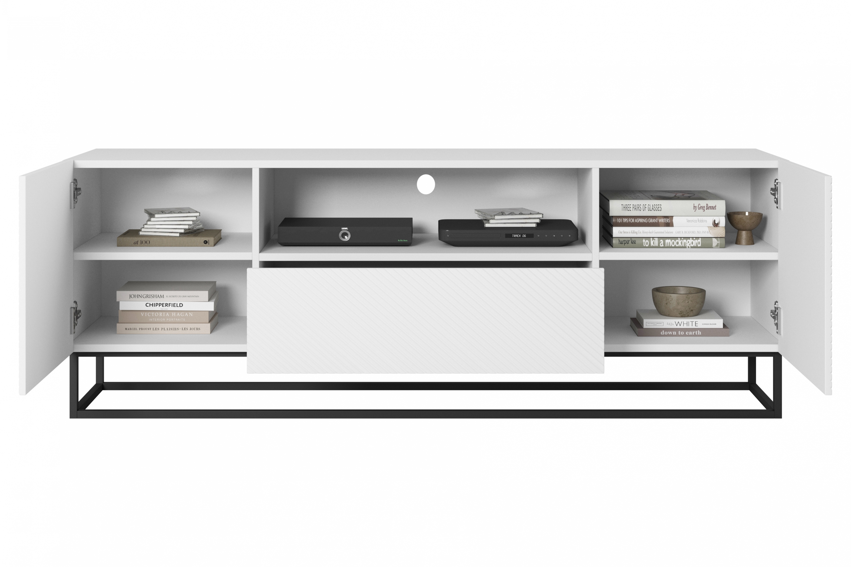 TV stolek Asha 167 cm - bílý mat / černý kovový podstavec skříňka RTV Asha 167 cm z szuflada i metalowym stelazem - bílý mat