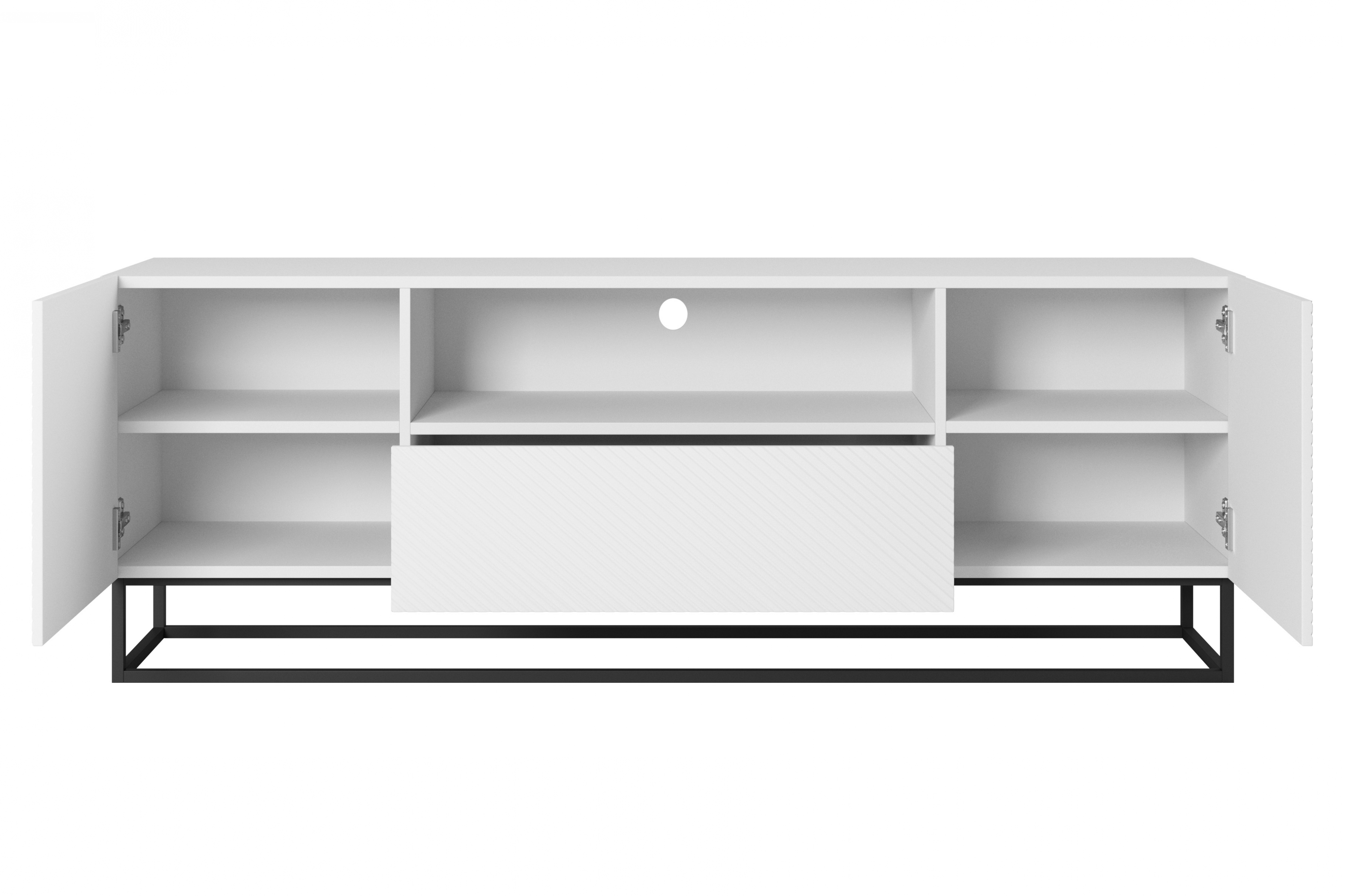 TV stolek Asha 167 cm - bílý mat / černý kovový podstavec skříňka RTV Asha 167 cm z szuflada i metalowym stelazem - bílý mat