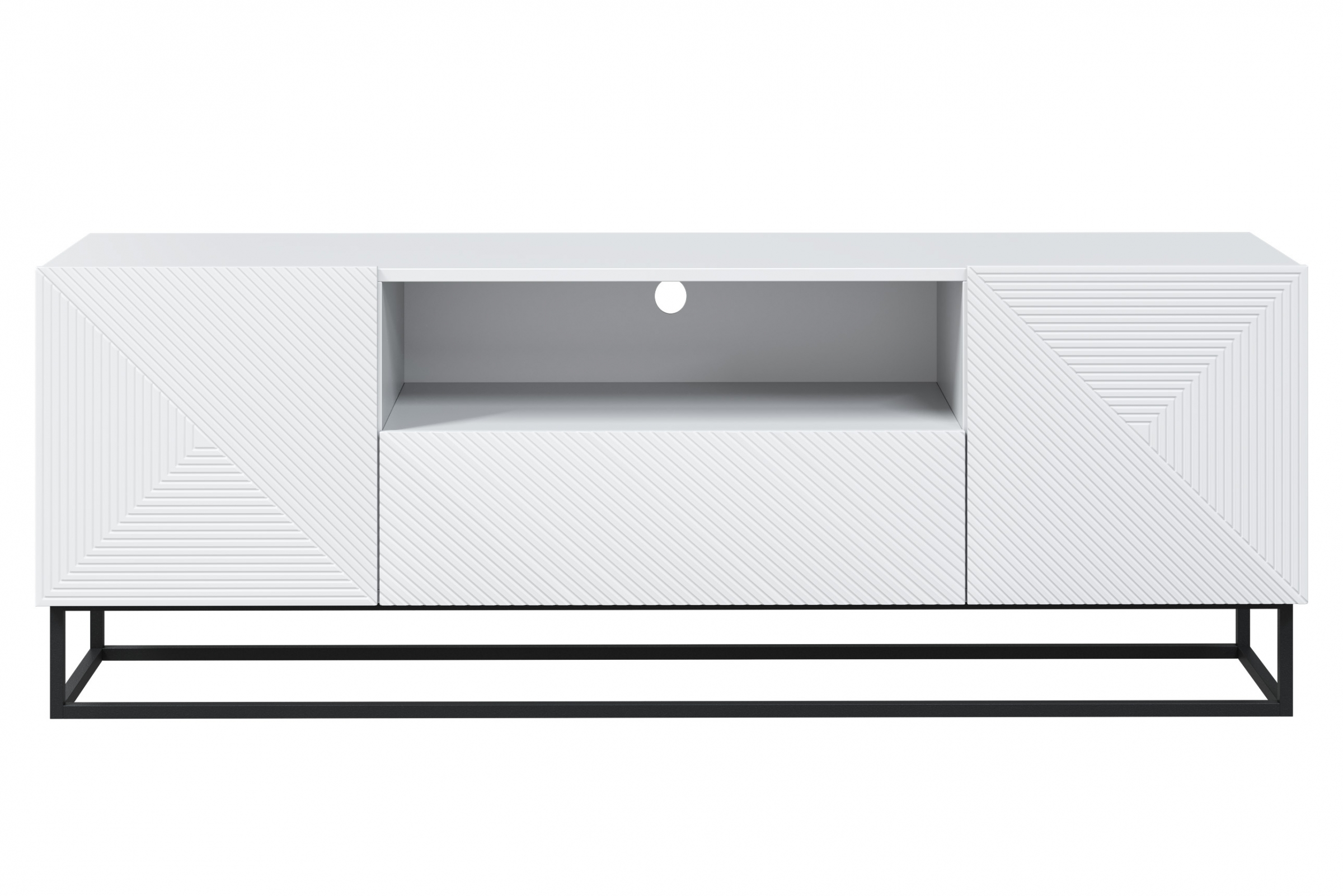 TV stolek Asha 167 cm - bílý mat / černý kovový podstavec skříňka RTV Asha 167 cm z szuflada i metalowym stelazem - bílý mat
