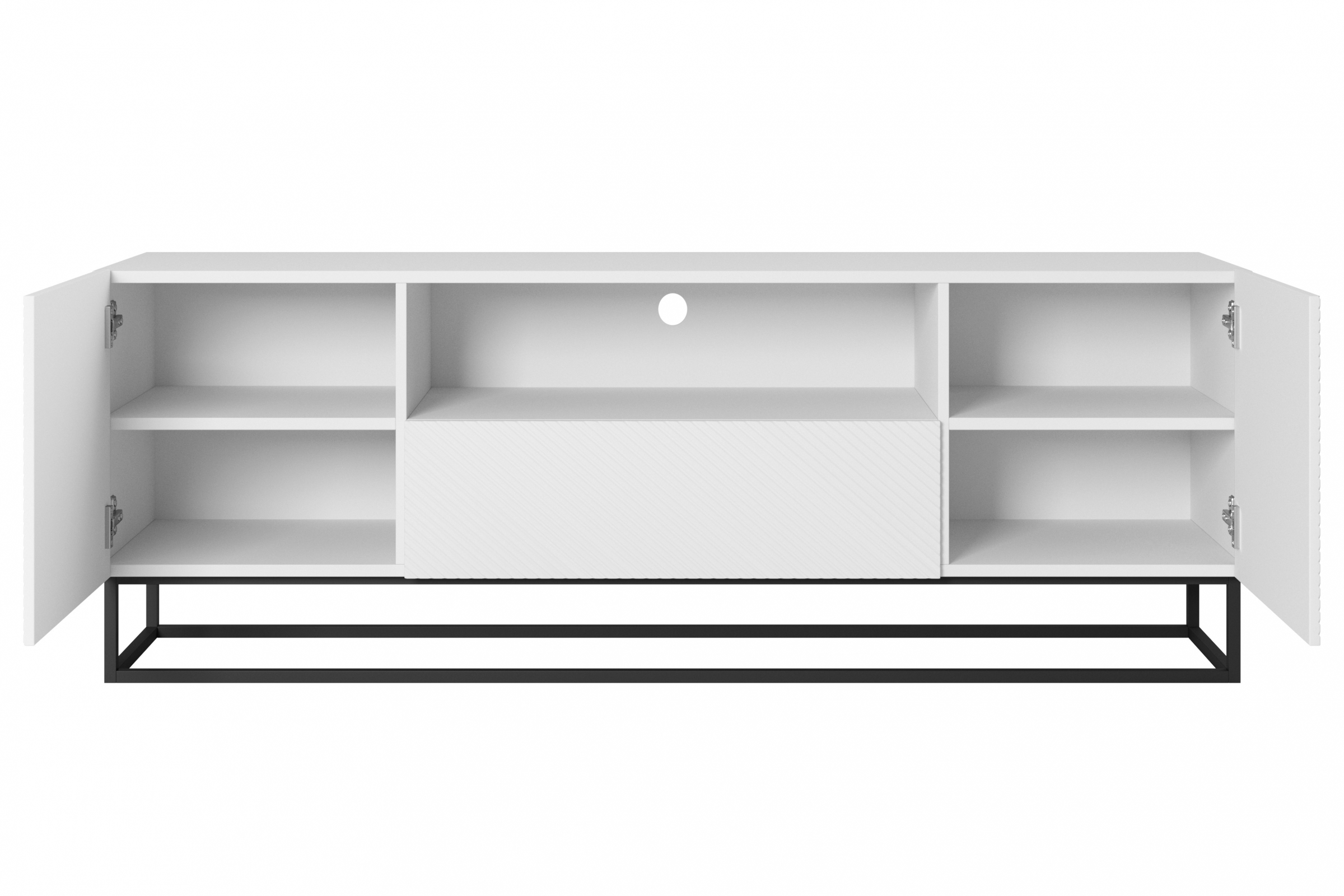 TV stolek Asha 167 cm - bílý mat / černý kovový podstavec skříňka RTV Asha 167 cm z szuflada i metalowym stelazem - bílý mat