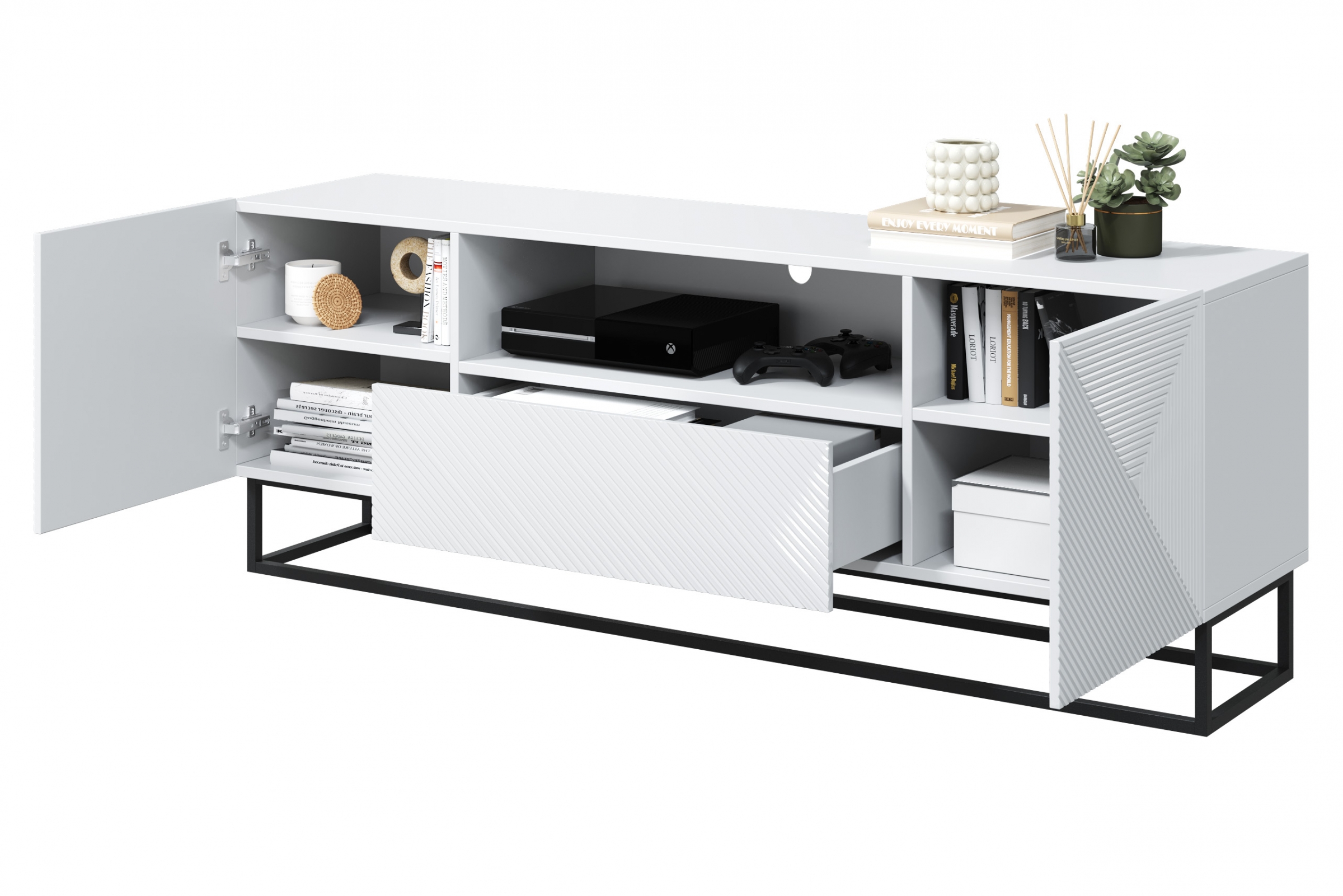 TV stolek Asha 167 cm - bílý lesk / černý kovový podstavec skříňka RTV Asha 167 cm z szuflada i metalowym stelazem - bílý lesk