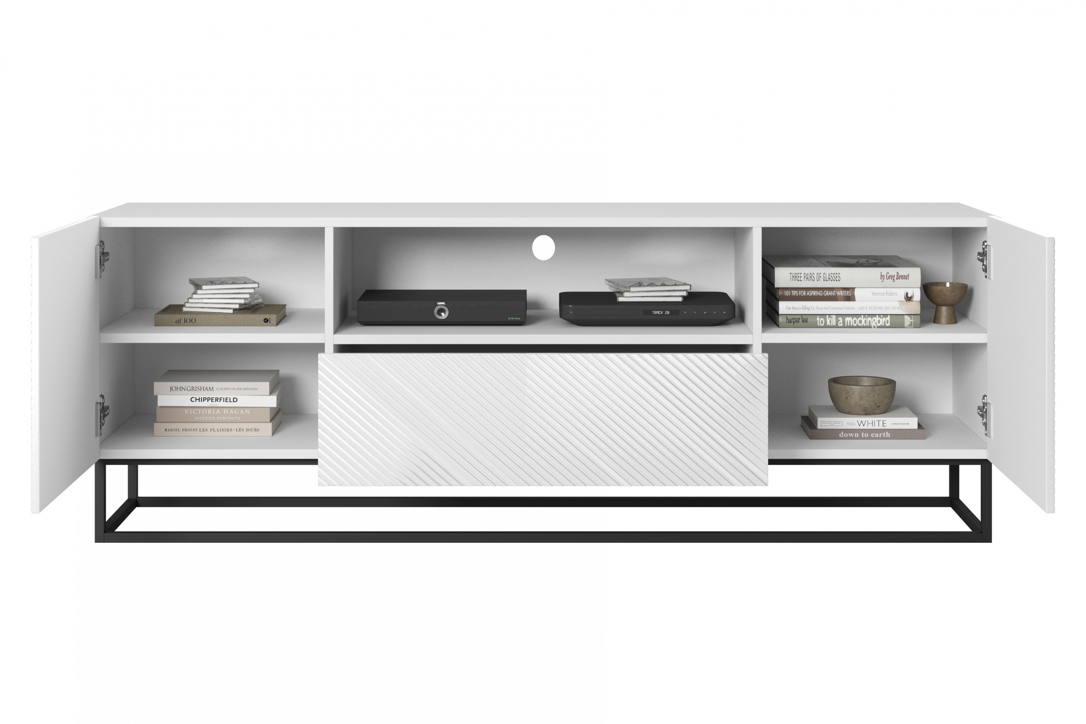 TV stolek Asha 167 cm - bílý lesk / černý kovový podstavec skříňka RTV Asha 167 cm z szuflada i metalowym stelazem - bílý lesk