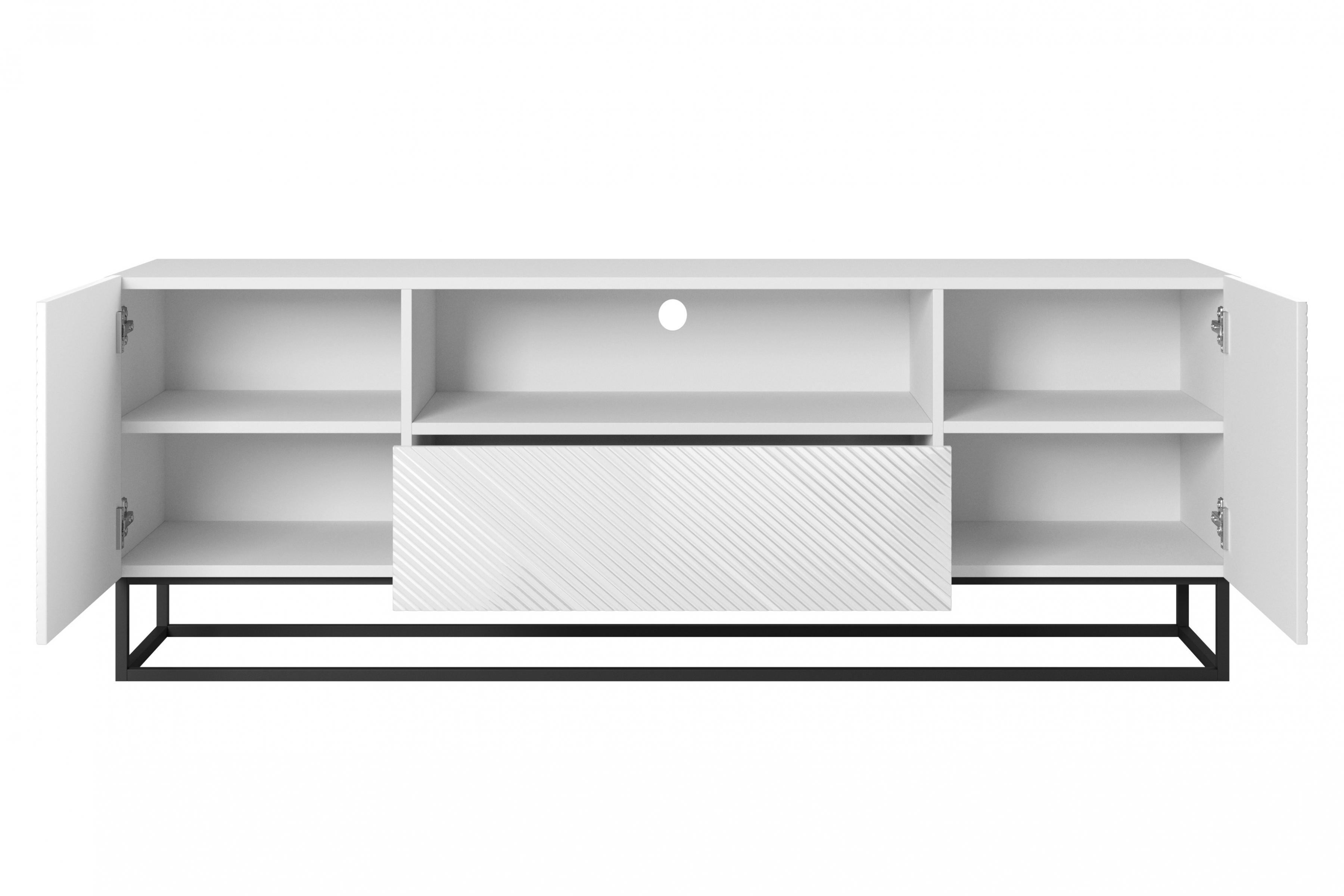 TV stolek Asha 167 cm - bílý lesk / černý kovový podstavec skříňka RTV Asha 167 cm z szuflada i metalowym stelazem - bílý lesk