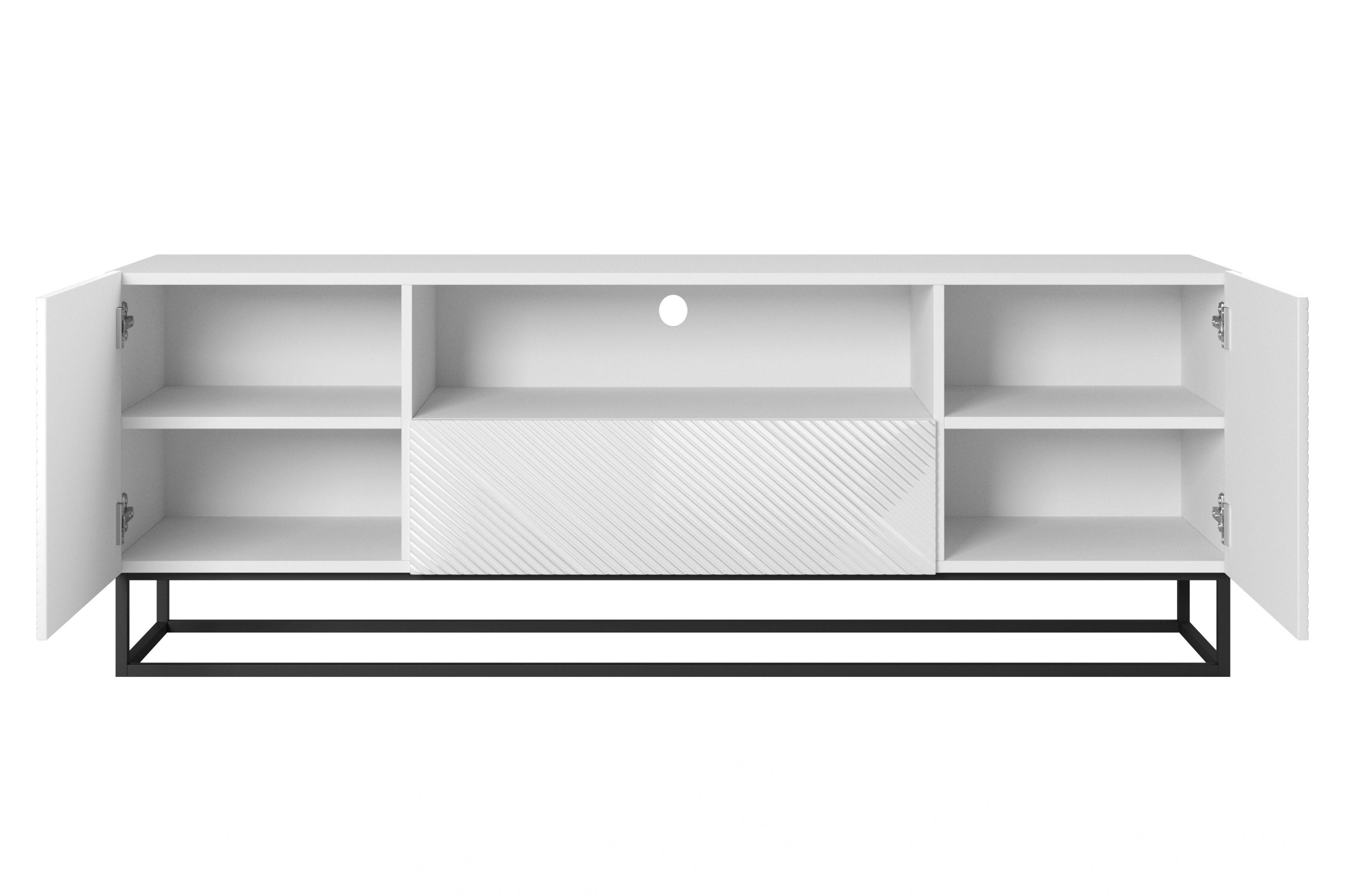 TV stolek Asha 167 cm - bílý lesk / černý kovový podstavec skříňka RTV Asha 167 cm z szuflada i metalowym stelazem - bílý lesk