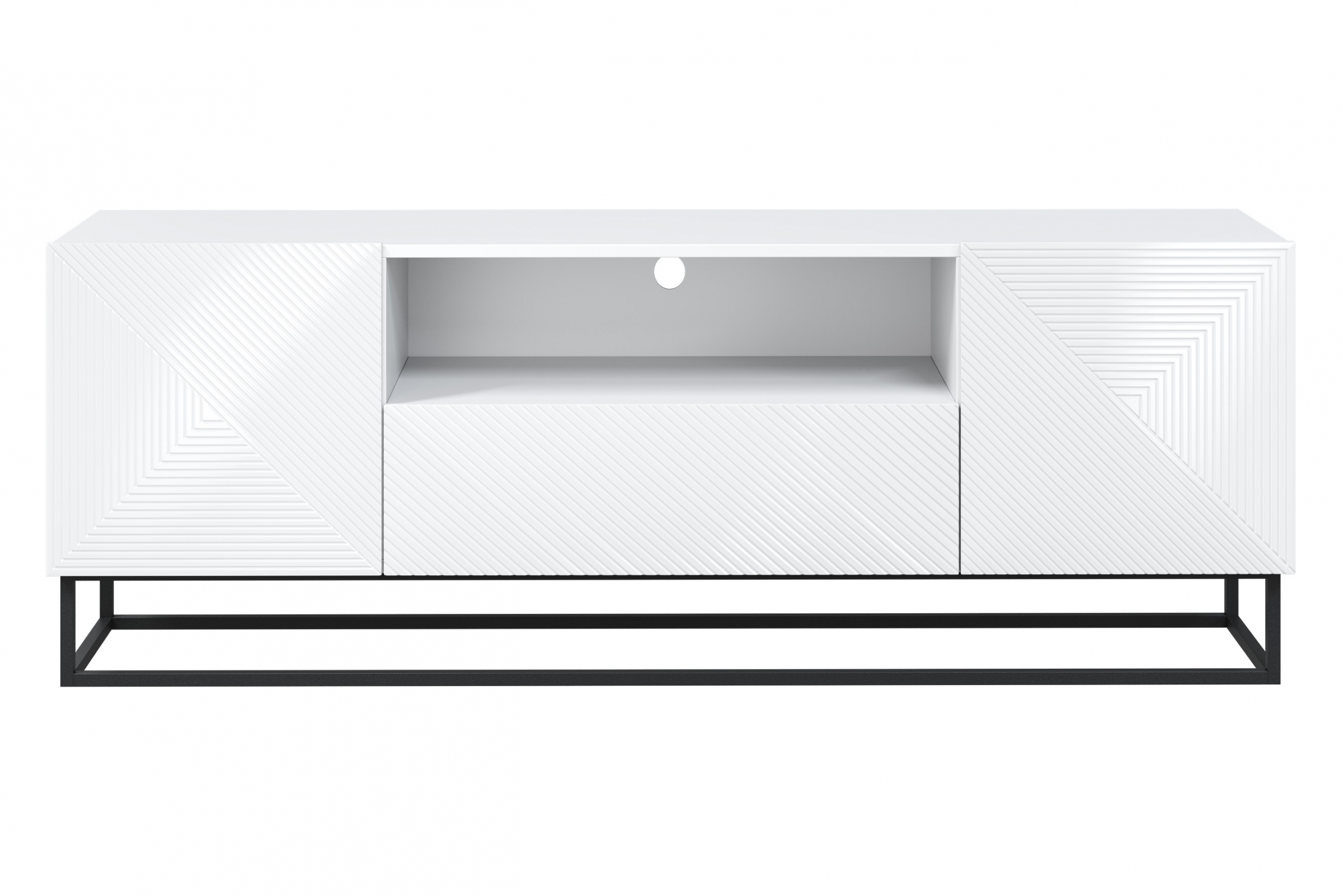 TV stolek Asha 167 cm - bílý lesk / černý kovový podstavec skříňka RTV Asha 167 cm z szuflada i metalowym stelazem - bílý lesk