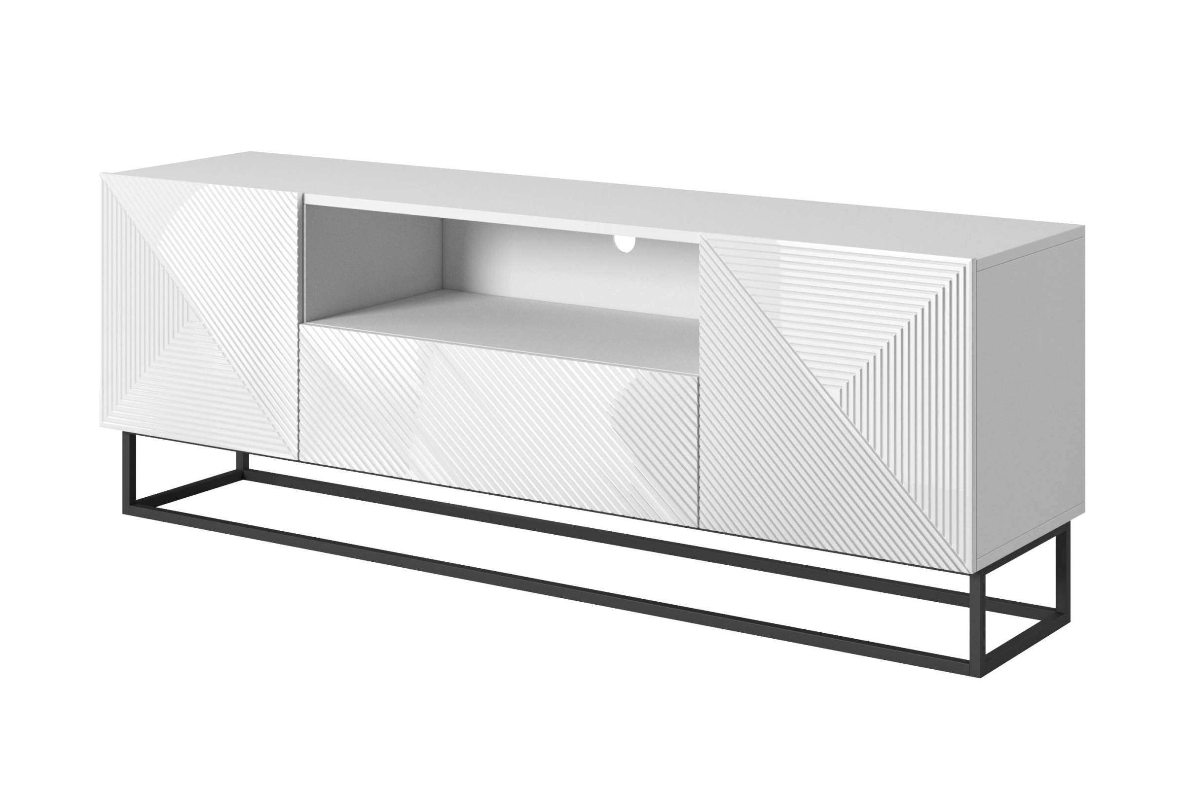 TV stolek Asha 167 cm - bílý lesk / černý kovový podstavec skříňka RTV Asha 167 cm z szuflada i metalowym stelazem - bílý lesk