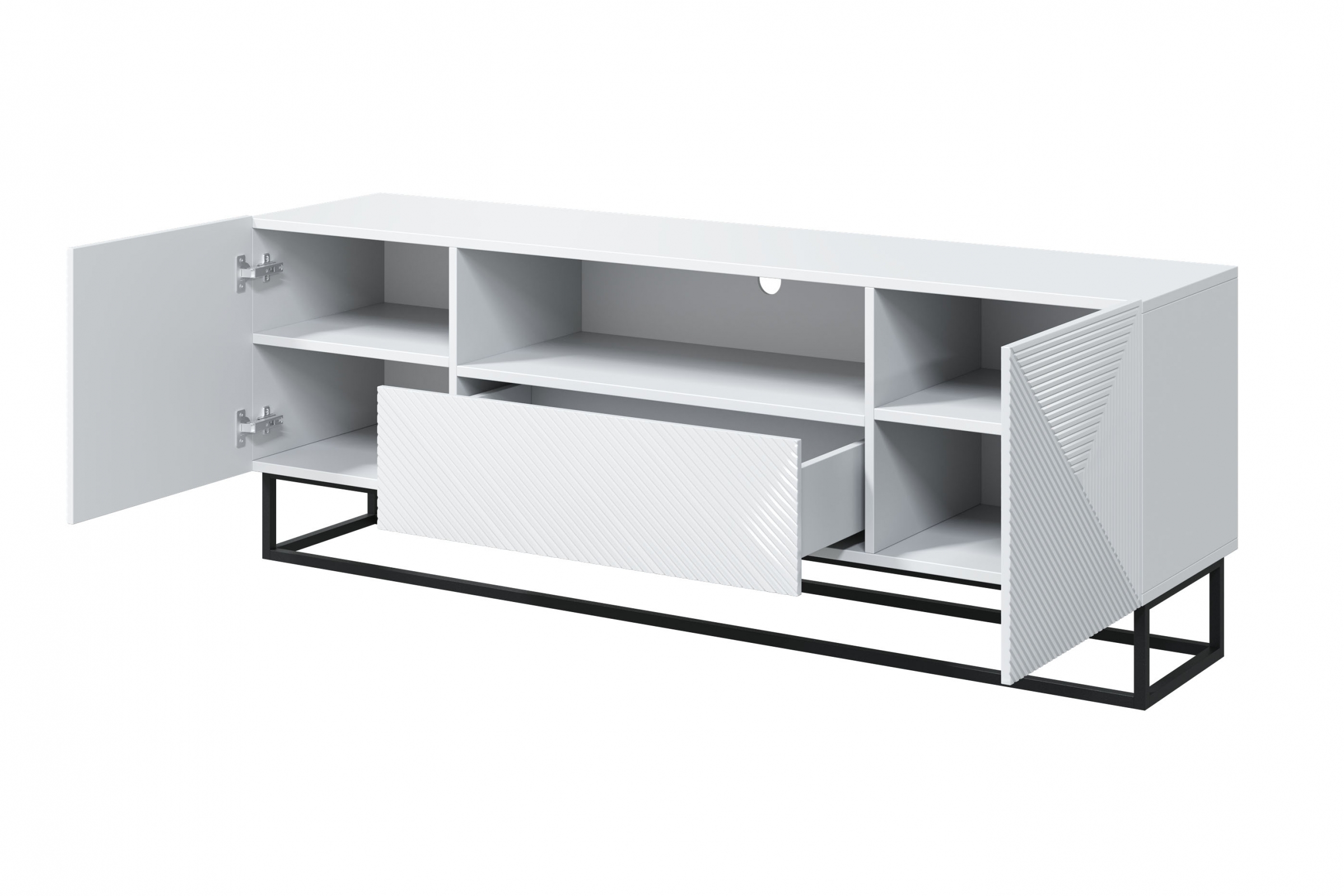 TV stolek Asha 167 cm - bílý lesk / černý kovový podstavec skříňka RTV Asha 167 cm z szuflada i metalowym stelazem - bílý lesk
