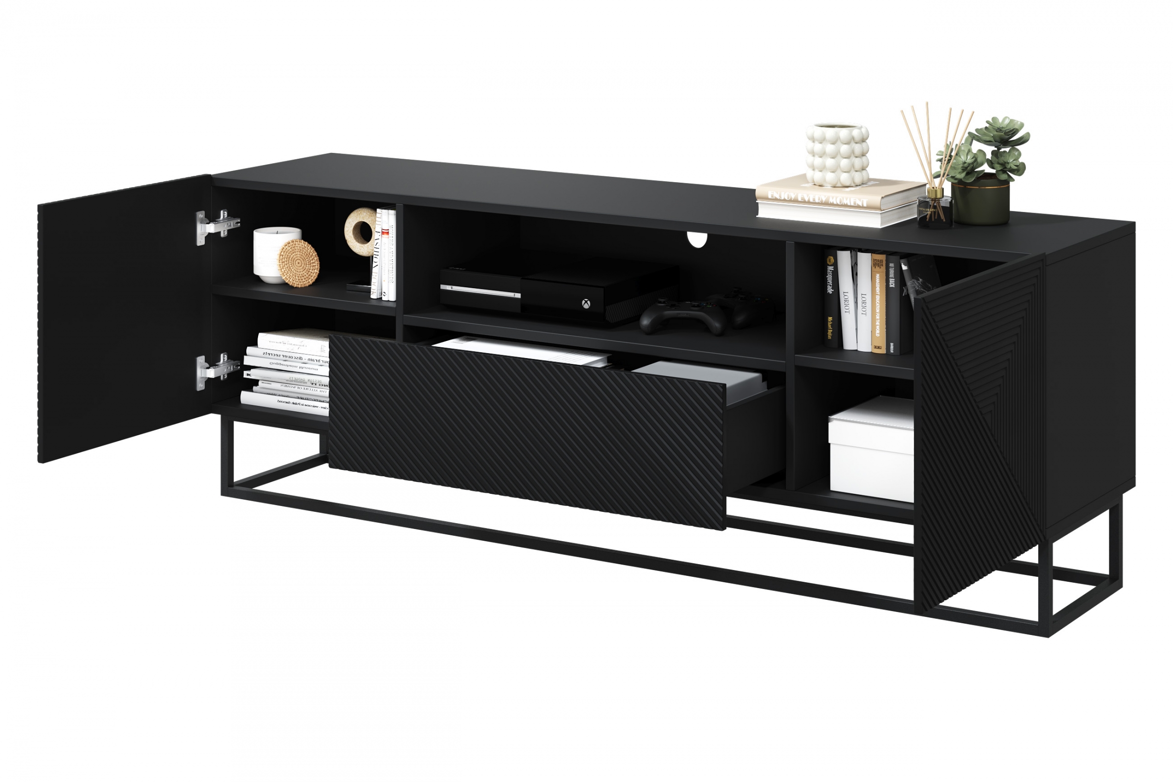 TV stolek Asha 167 cm - černý mat / černý kovový podstavec skříňka RTV Asha 167 cm z szuflada i metalowym stelazem - černá mat