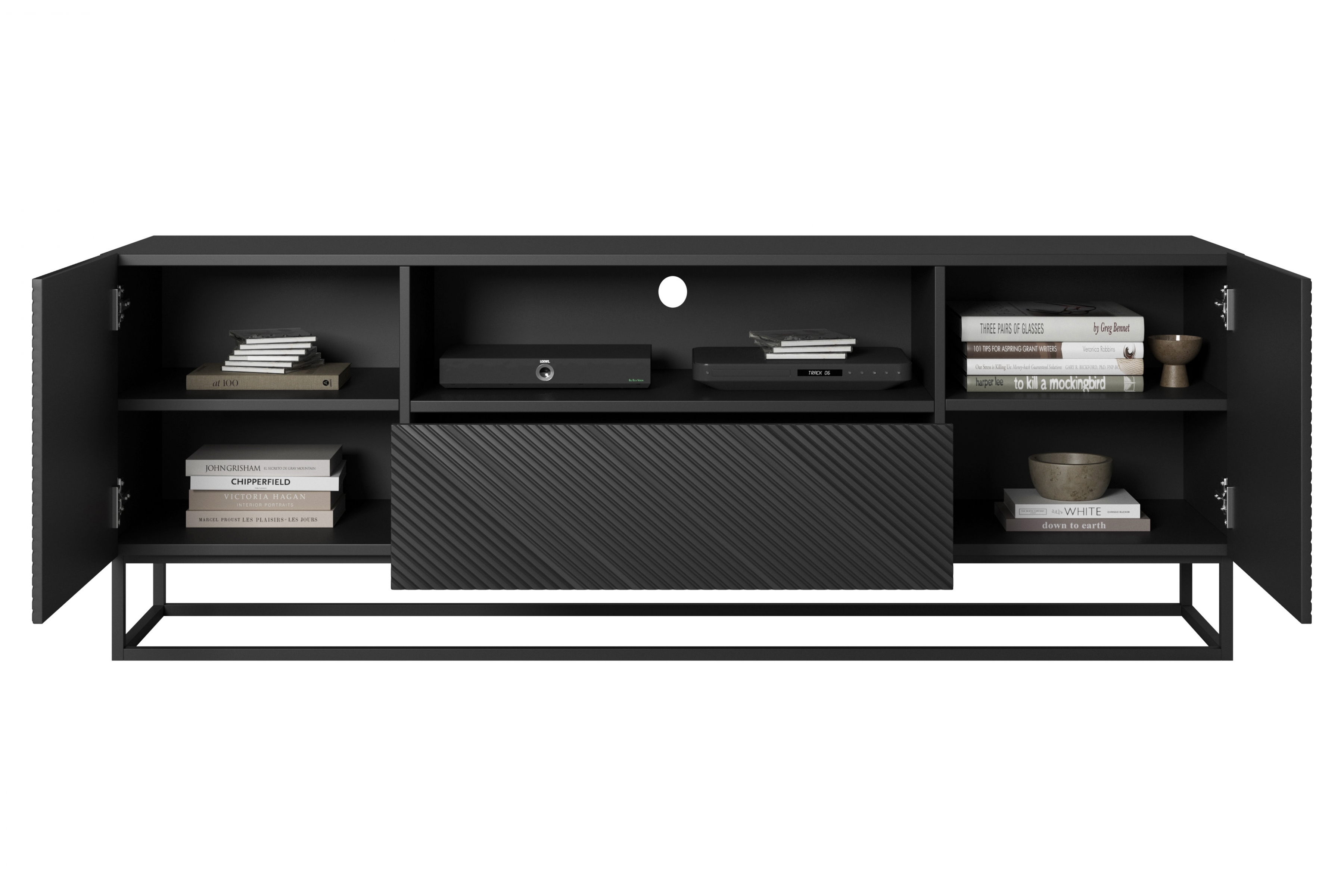 TV stolek Asha 167 cm - černý mat / černý kovový podstavec skříňka RTV Asha 167 cm z szuflada i metalowym stelazem - černá mat