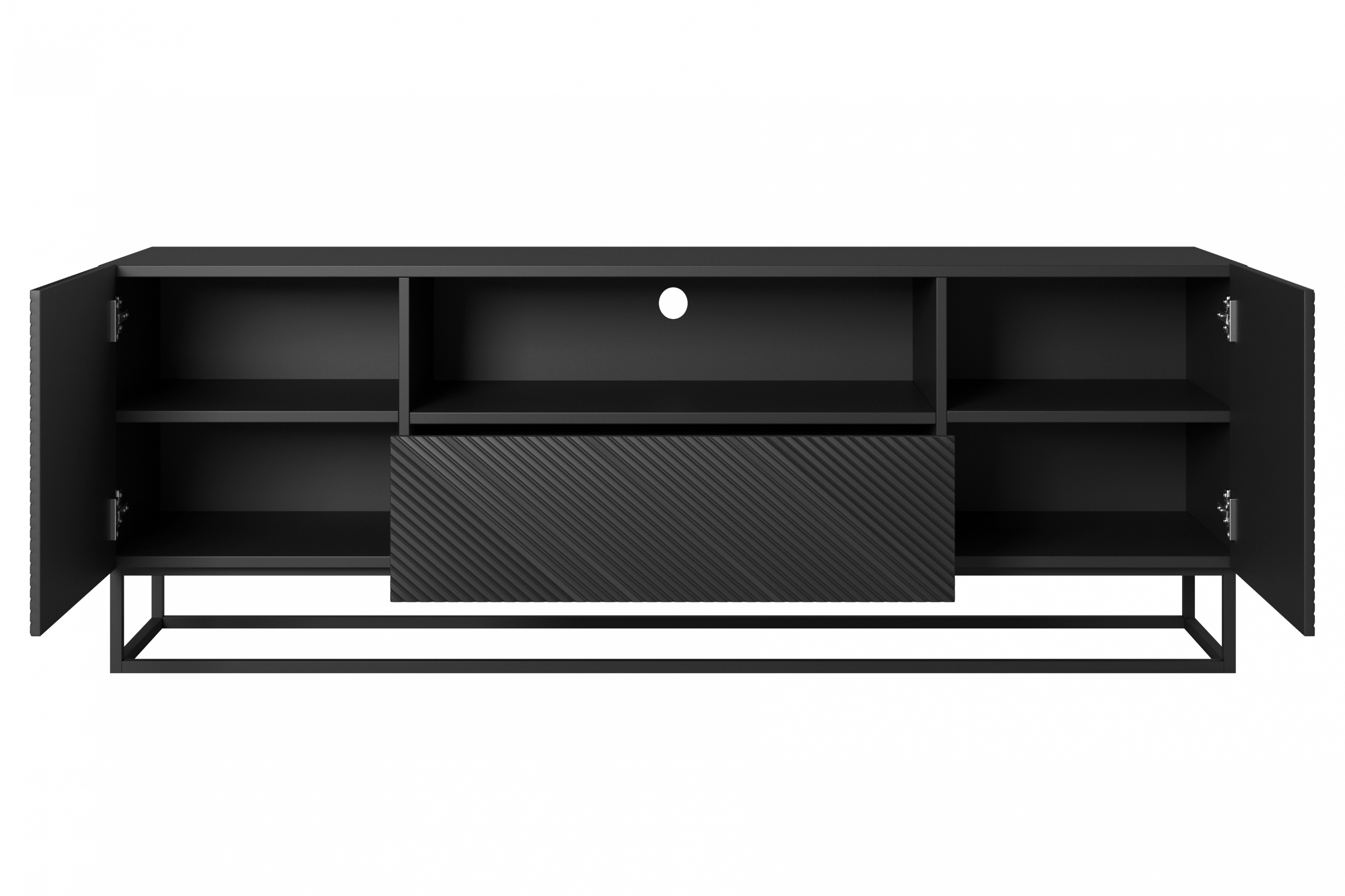 TV stolek Asha 167 cm - černý mat / černý kovový podstavec skříňka RTV Asha 167 cm z szuflada i metalowym stelazem - černá mat