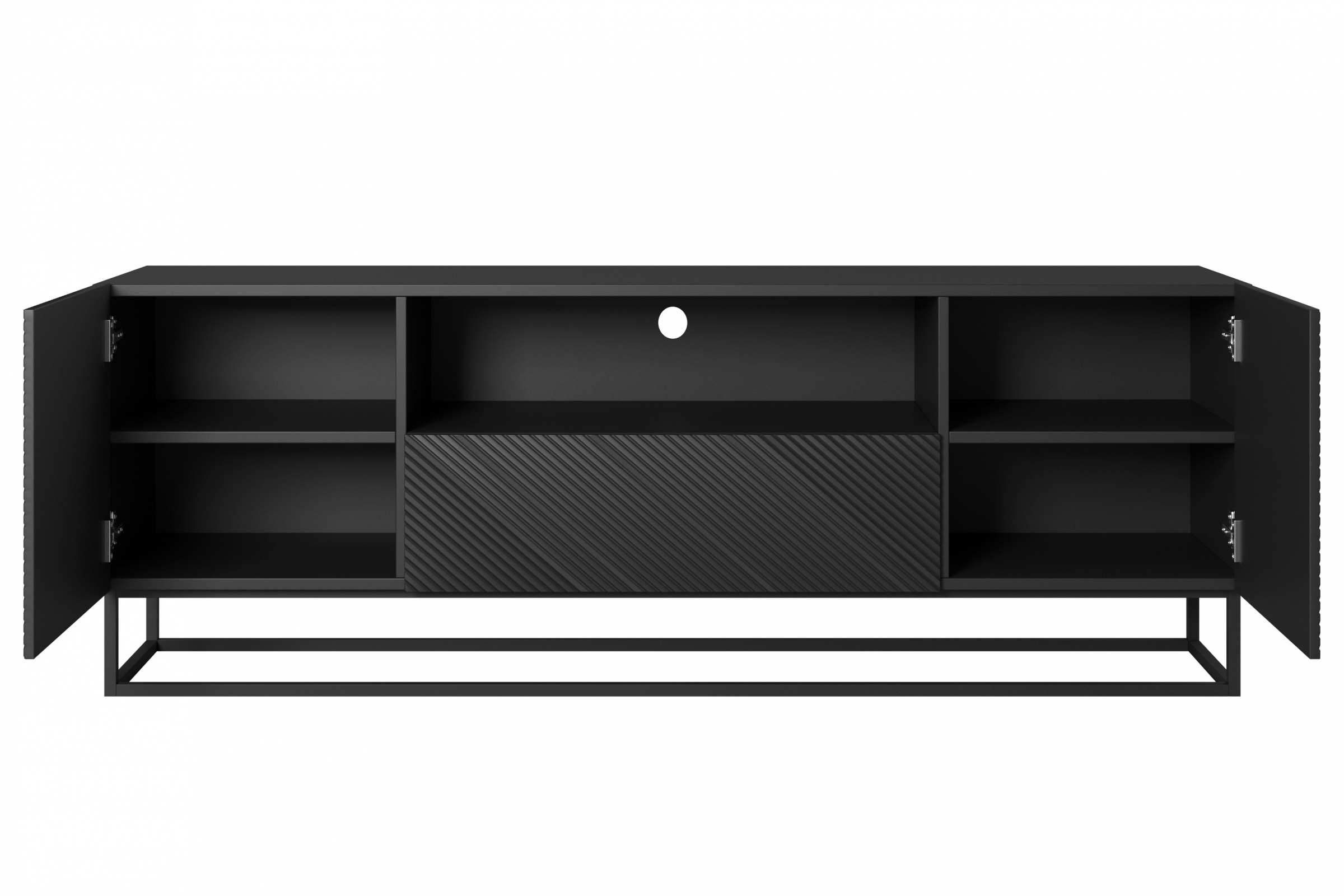TV stolek Asha 167 cm - černý mat / černý kovový podstavec skříňka RTV Asha 167 cm z szuflada i metalowym stelazem - černá mat