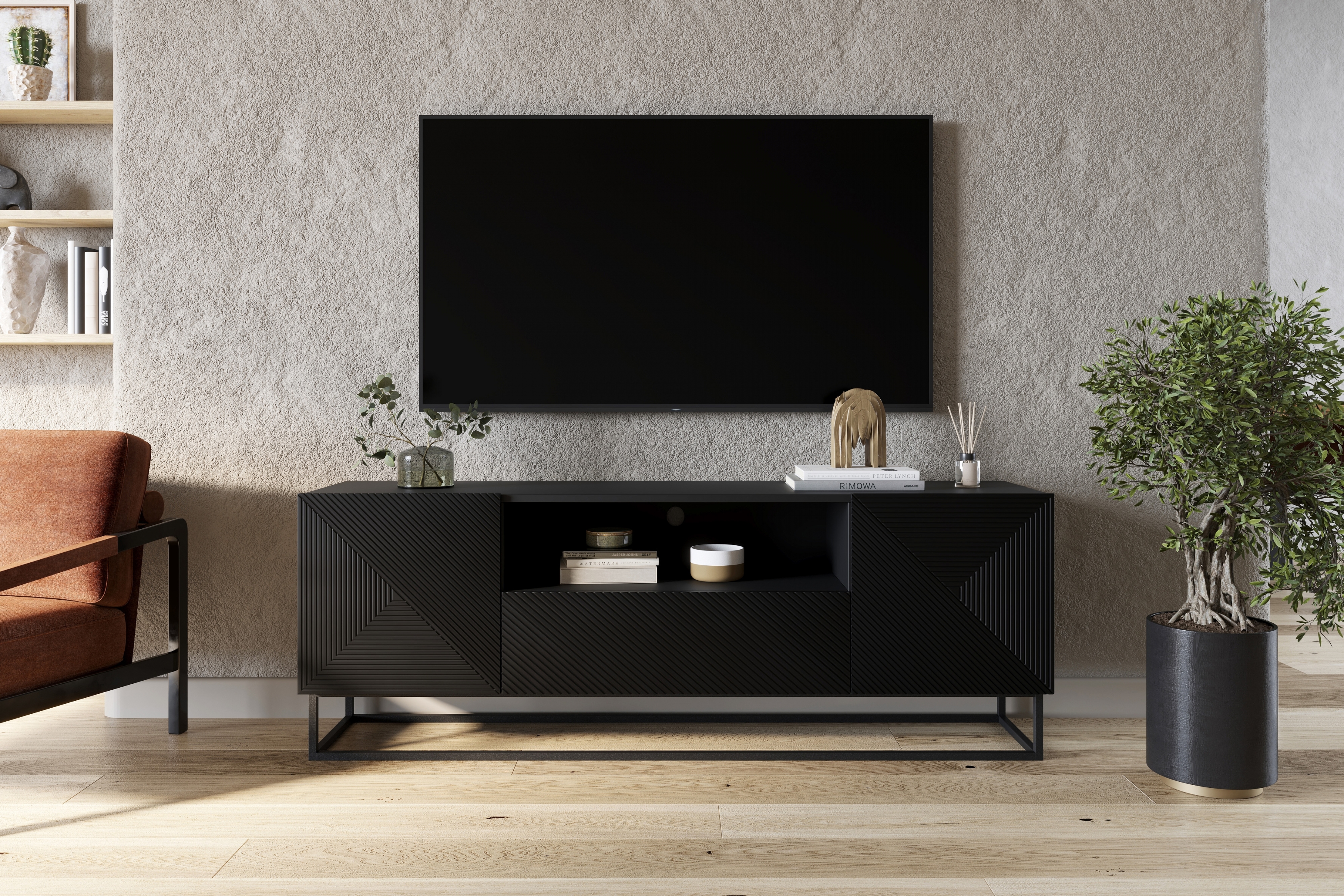 TV stolek Asha 167 cm - černý mat / černý kovový podstavec skříňka RTV Asha 167 cm z szuflada i metalowym stelazem - černá mat